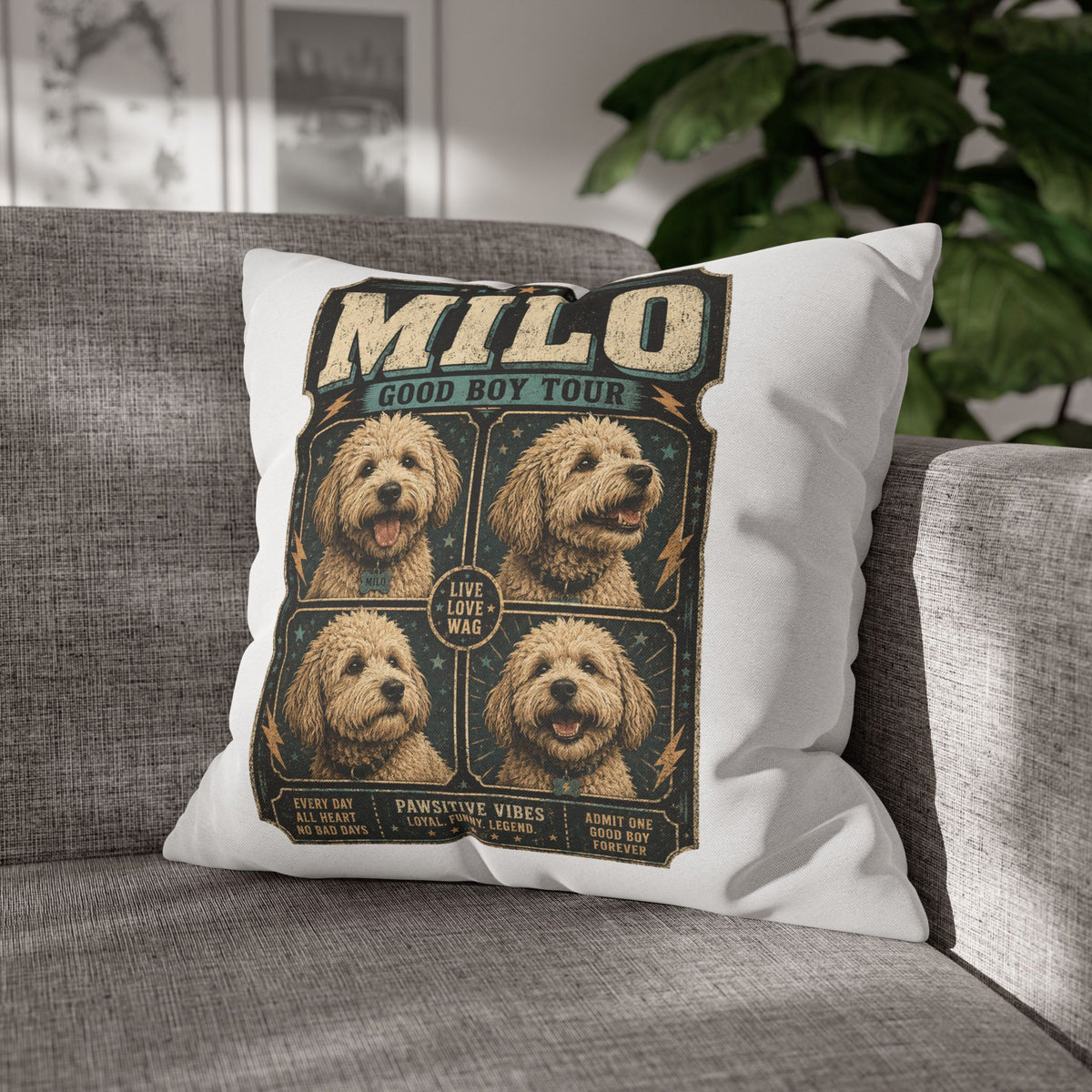 Milo "Good Boy Tour" Square Pillowcase — Cute Dog Portrait Decorative Pillowcase Milo Bailey Dog Dad Mom