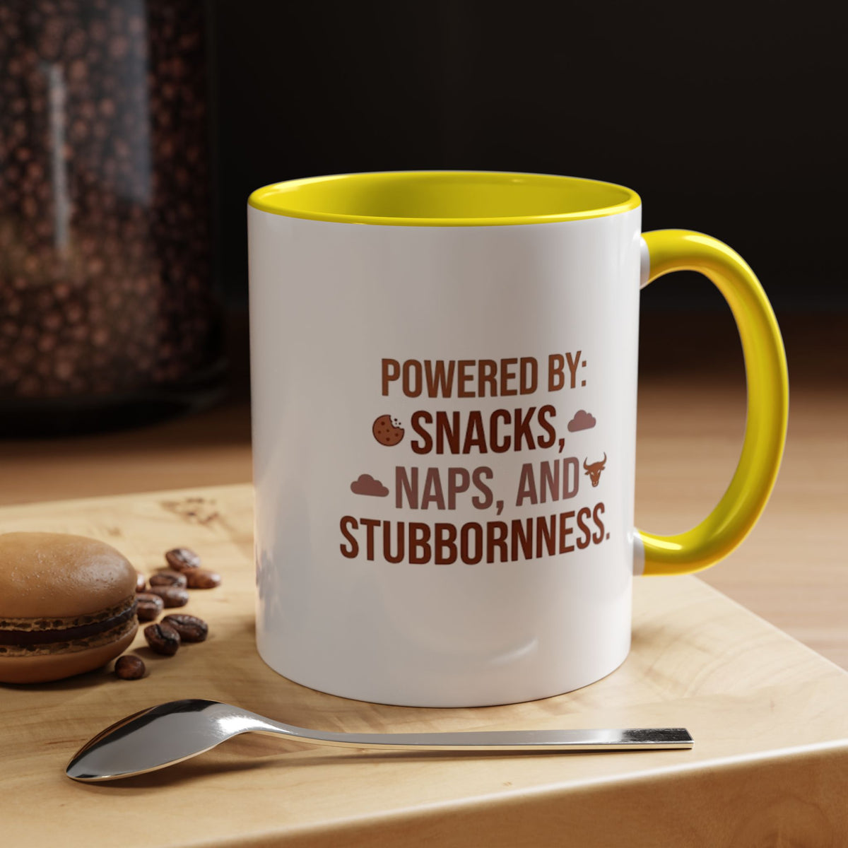 Taurus Coffee Mug - "Powered by Snacks, Naps, and Stubbornness" Accent Ceramic Mug