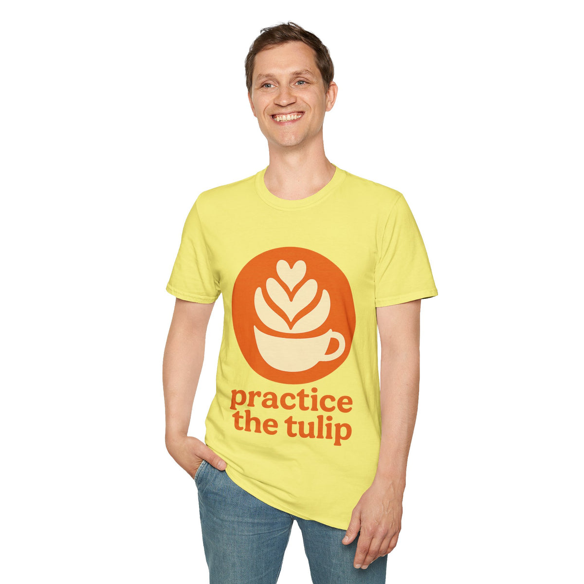 "Practice The Tulip" Latte Art Coffee Graphic Tee - Aesthetic Orange Barista White T-Shirt - Trending Now - September 2026