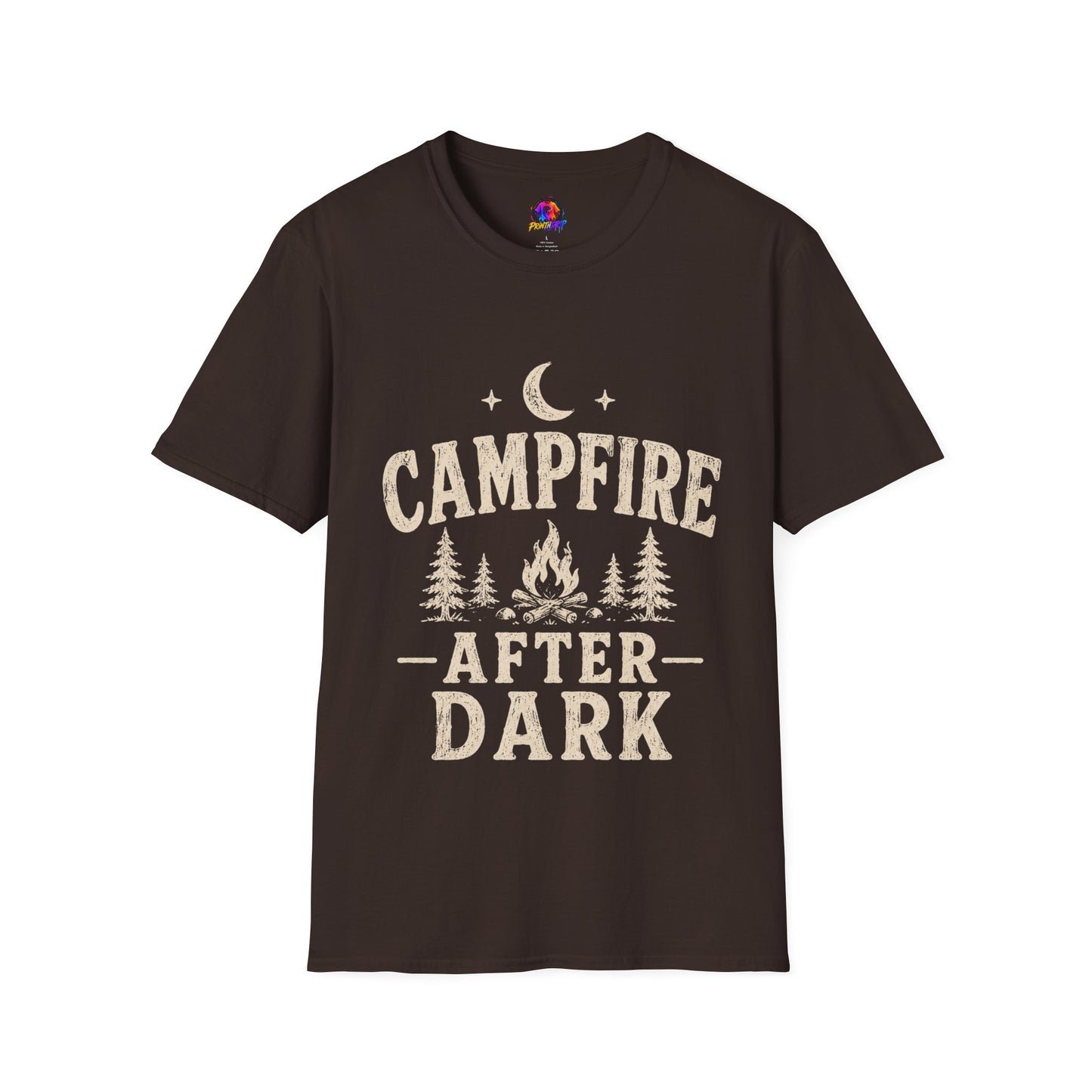 Campfire After Dark T-Shirt — Cozy Camping Moon & Trees Graphic
