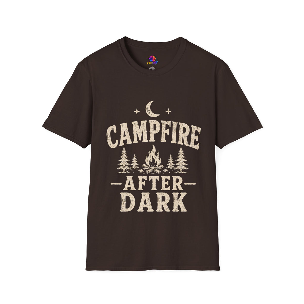 Campfire After Dark T-Shirt — Cozy Camping Moon & Trees Graphic