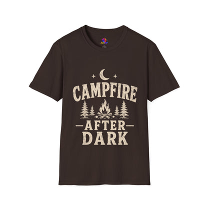Campfire After Dark T-Shirt — Cozy Camping Moon & Trees Graphic