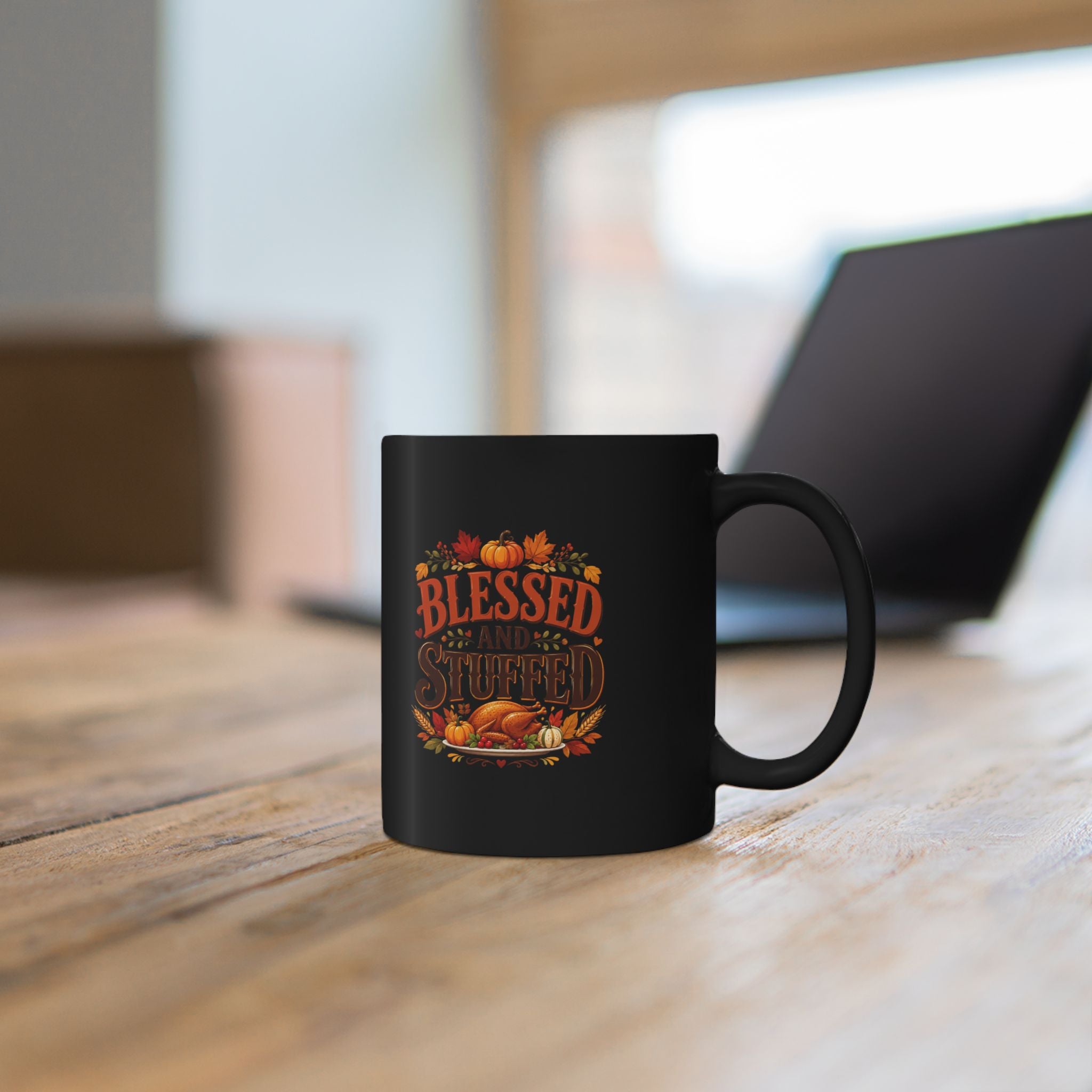 Thanksgiving Black Mug Blessed and Stuffed Mug — Thanksgiving Black Coffee Cup