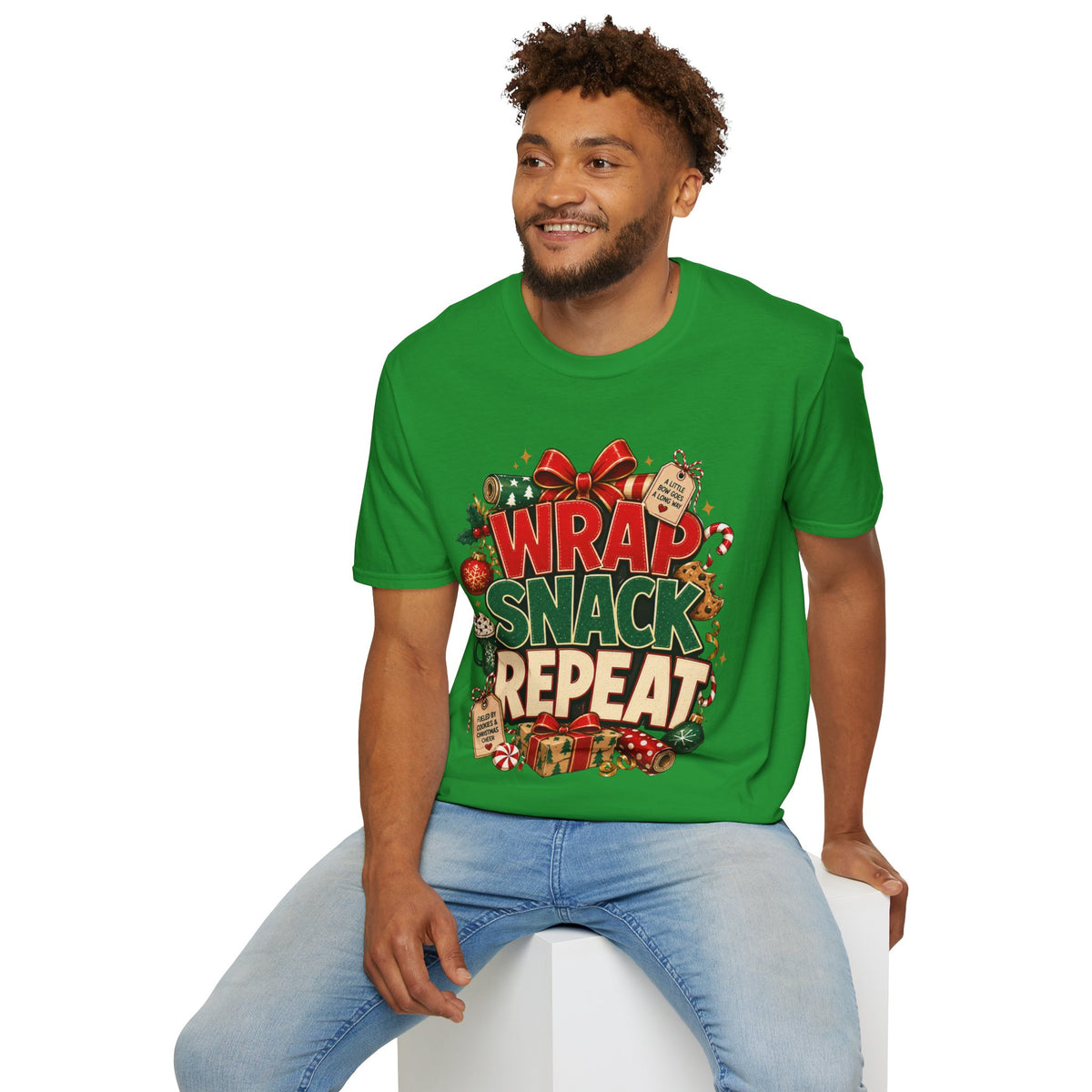 T-Shirt — "Wrap Snack Repeat" Christmas Graphic Tee