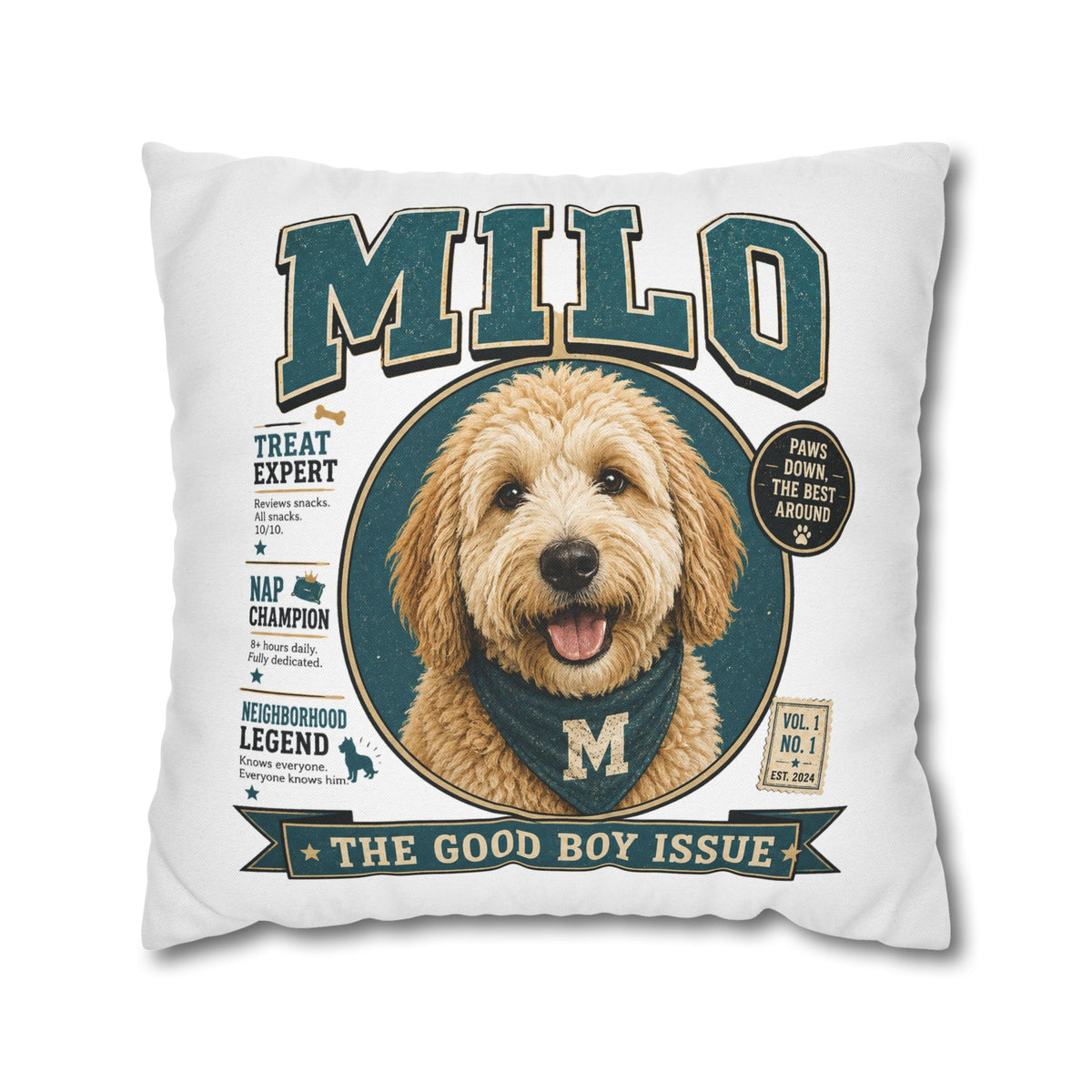 Milo 'The Good Boy Issue' Decorative Pillowcase – Personalized Dog Portrait Accent Pillowcase Milo Bailey Dog Dad Mom