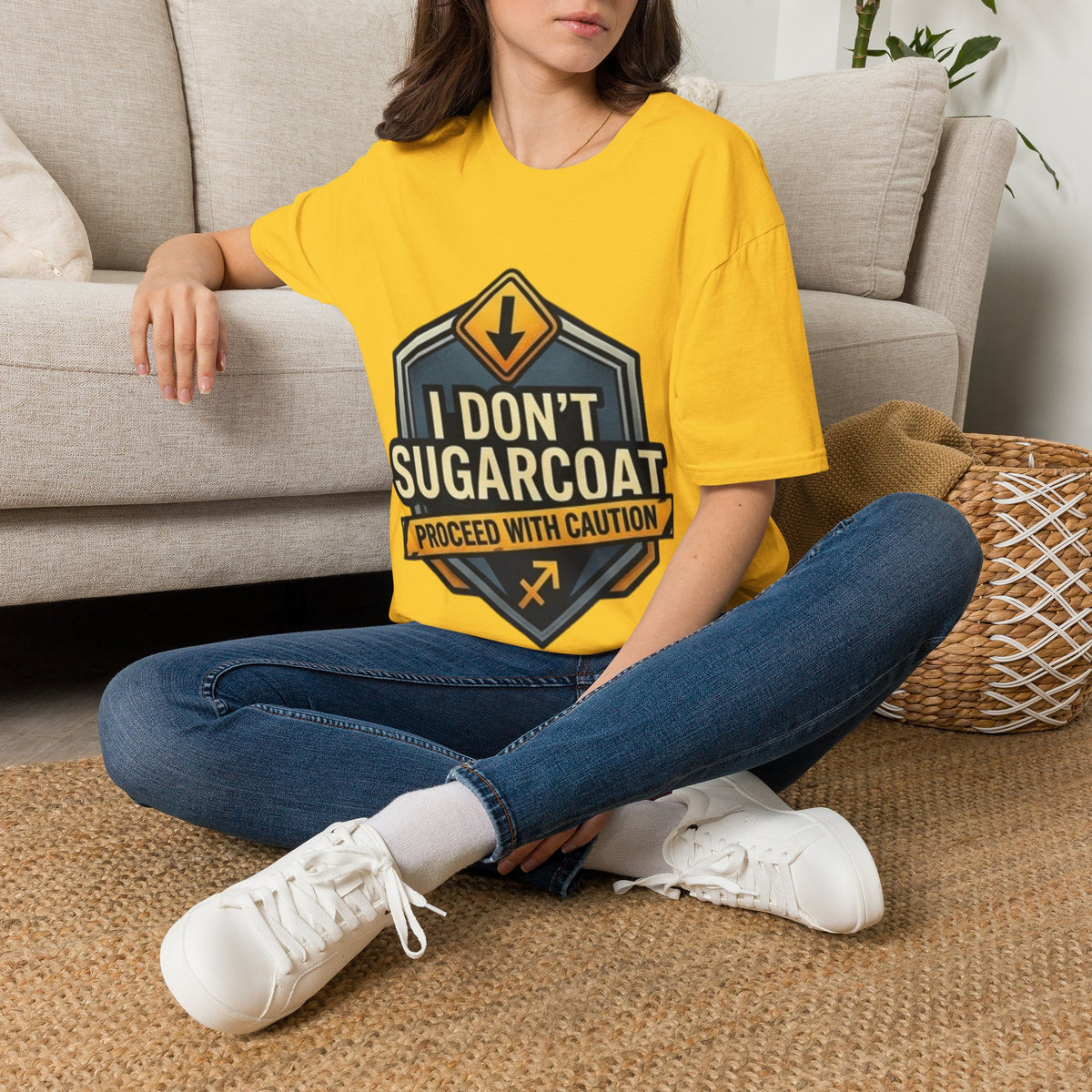 Sagittarius I Don't Sugarcoat T-Shirt — Funny Caution Road Sign Graphic Tee