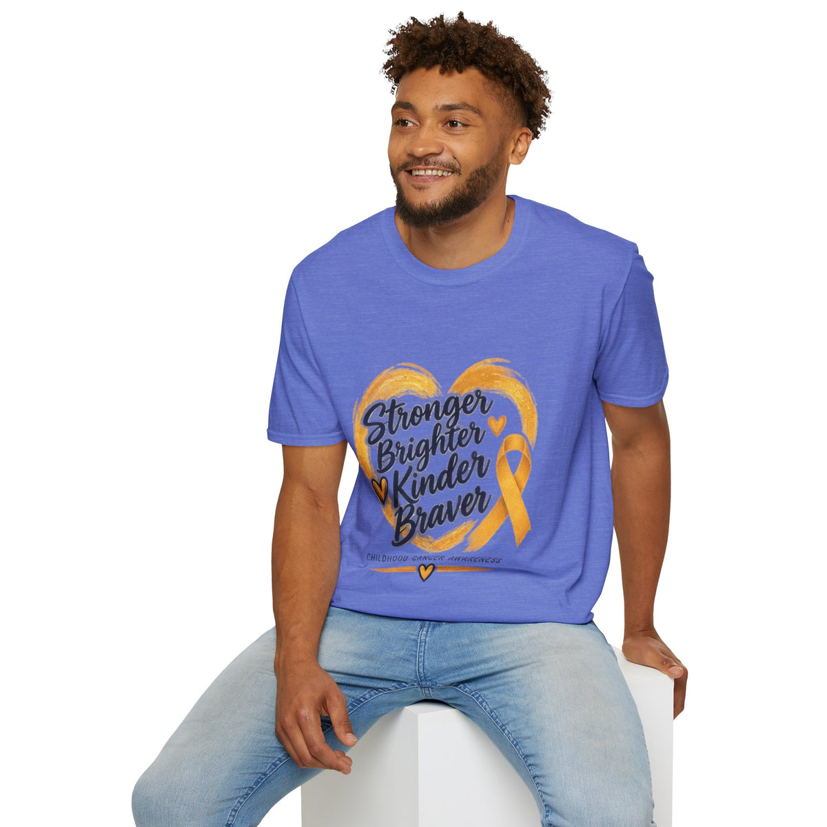 Childhood Cancer Awareness T-Shirt — "Stronger Brighter Kinder Braver" Gold Ribbon