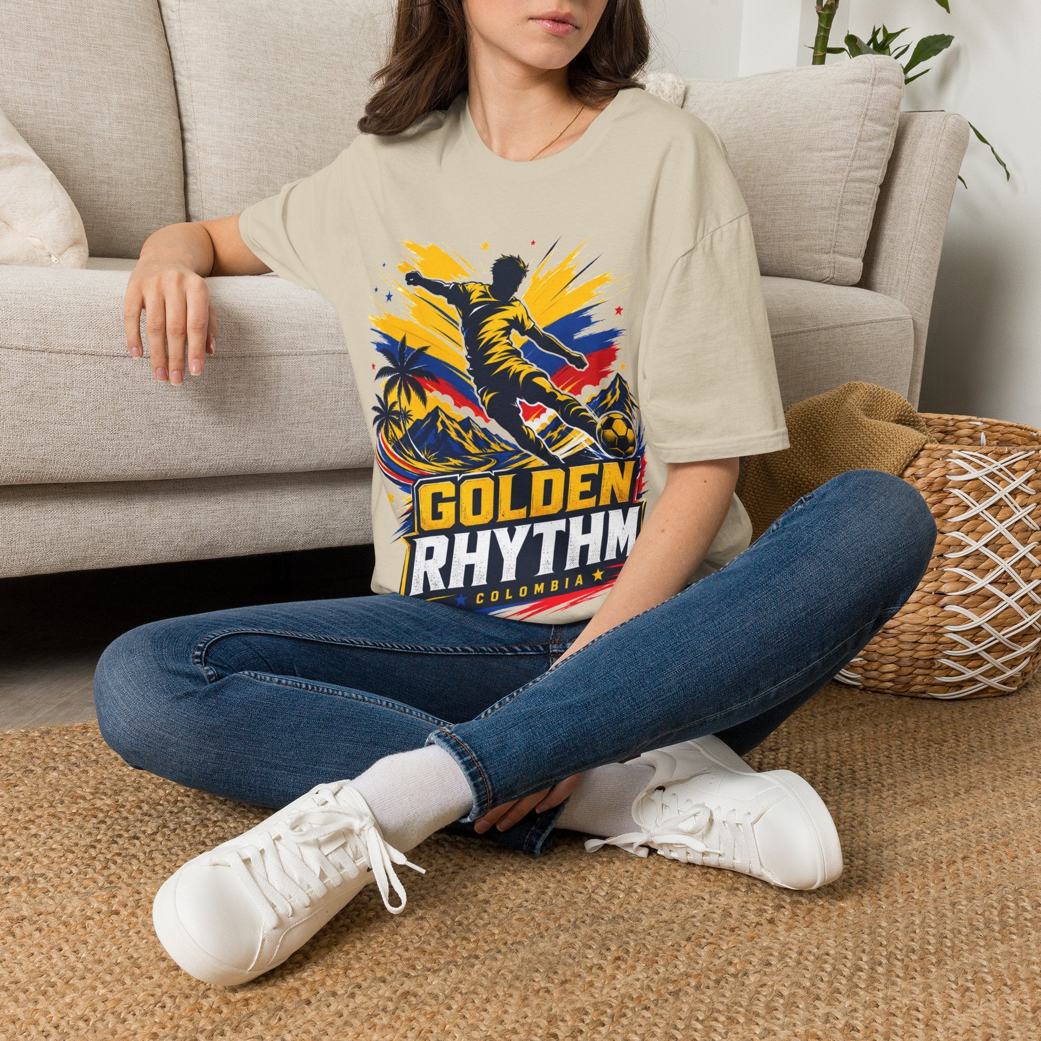 Columbia Soccer Player Graphic T-Shirt — "Golden Rhythm" Vibrant Beach Soccer Tee