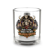 Halloween Glass Mug 10 oz  Halloween Skull Glass Mug — "Old Soul, Dark Night. Halloween Forever" 10oz