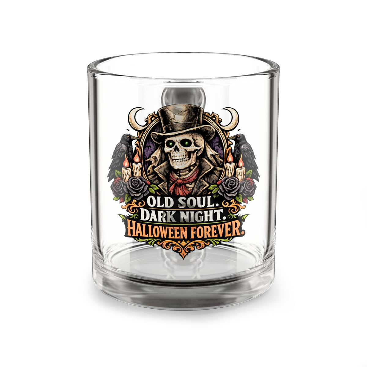 Halloween Glass Mug 10 oz  Halloween Skull Glass Mug — "Old Soul, Dark Night. Halloween Forever" 10oz