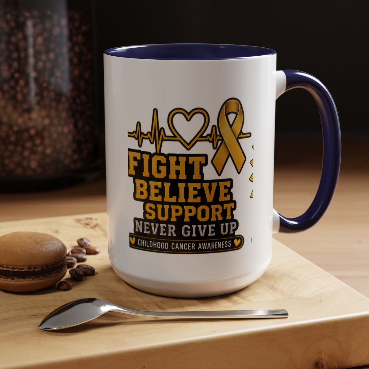 Childhood Cancer Awareness Accent Coffee Mug — "Fight Believe Support" 11/15oz