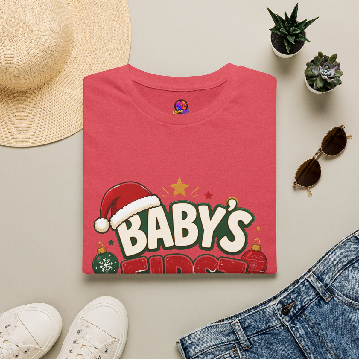 Baby's First Christmas T-Shirt — Festive Santa Hat & Ornaments Holiday Tee