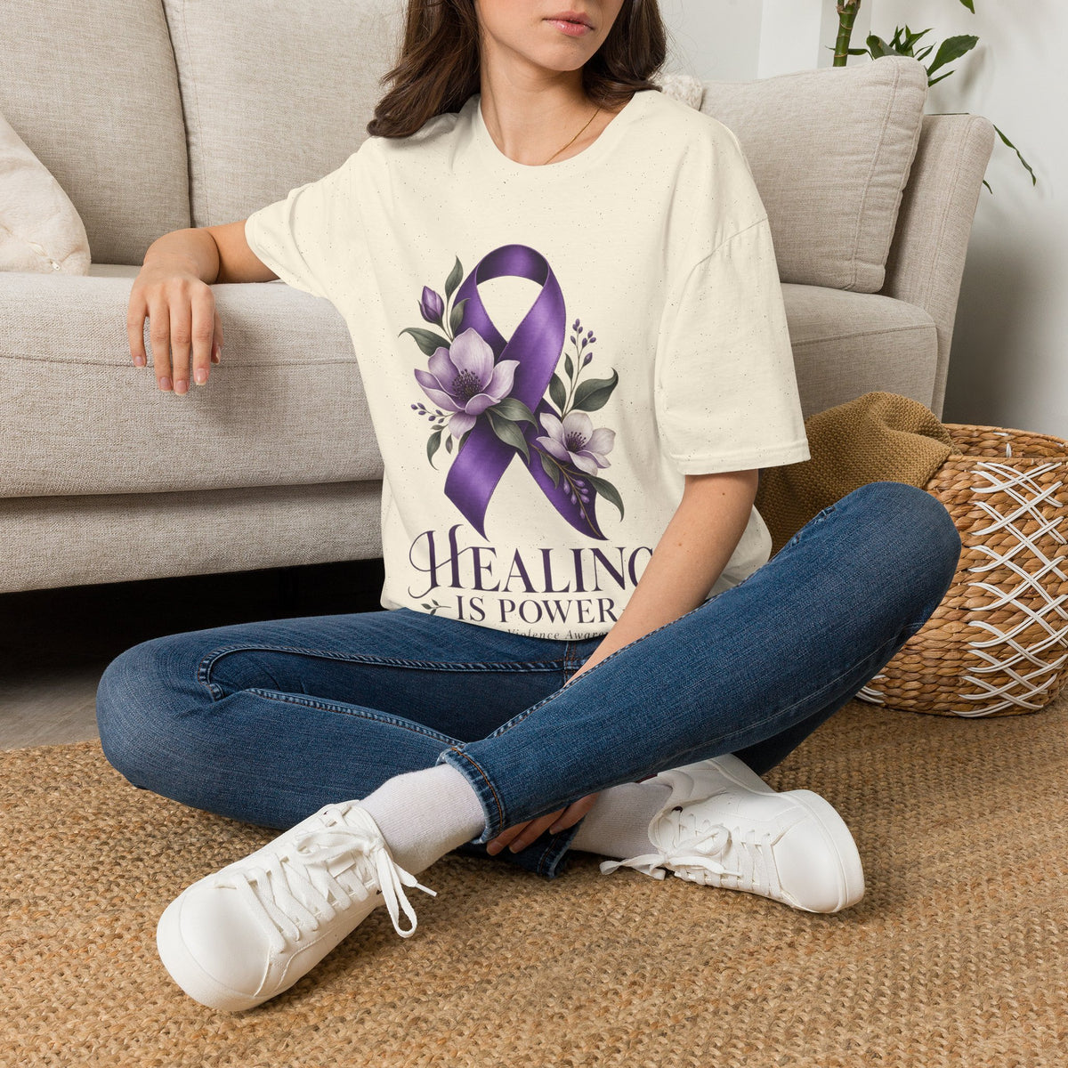 Healing Is Power Purple Ribbon Awareness Domestic Violence  T-Shirt