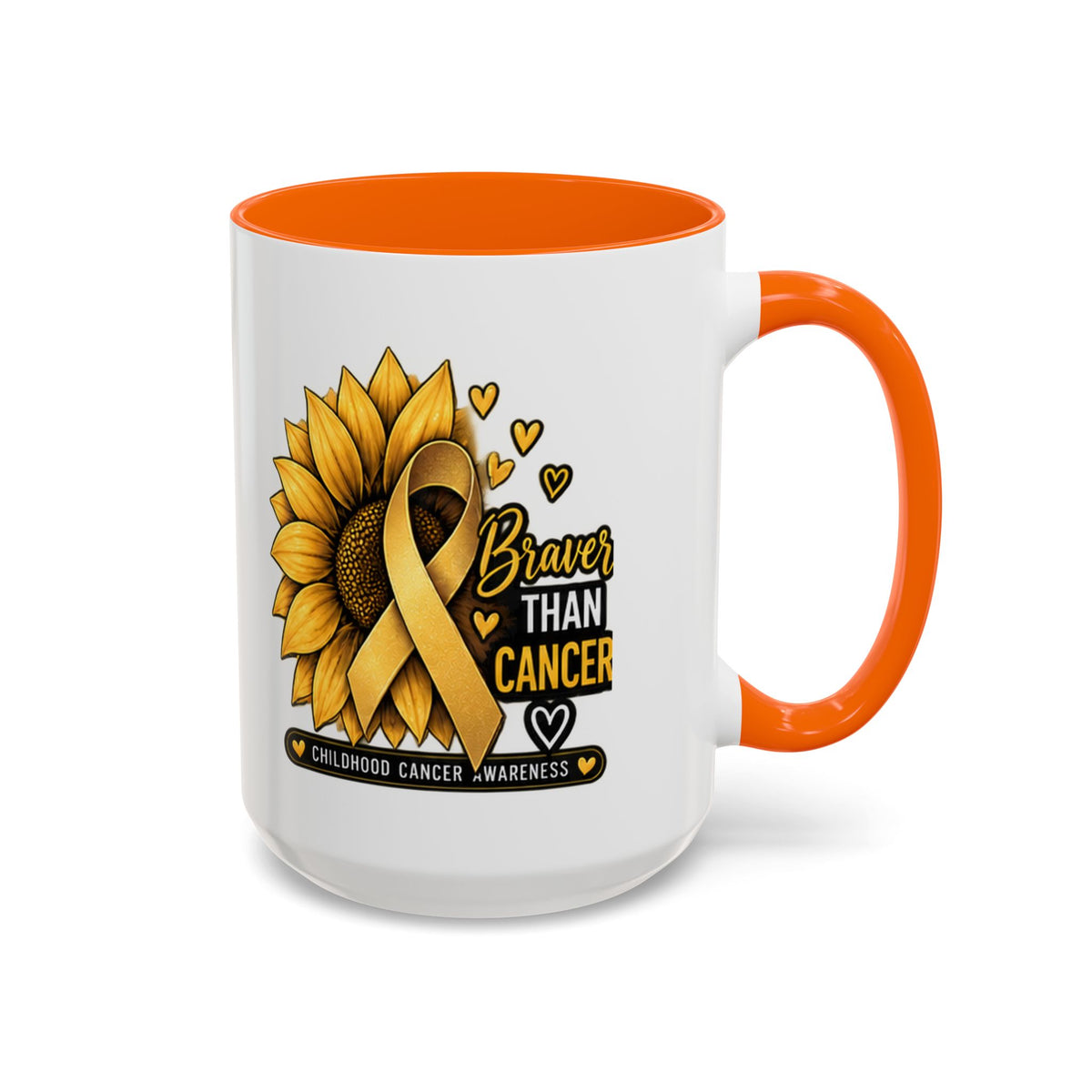 Childhood Cancer Awareness Mug — "Braver Than Cancer" Sunflower & Gold Ribbon