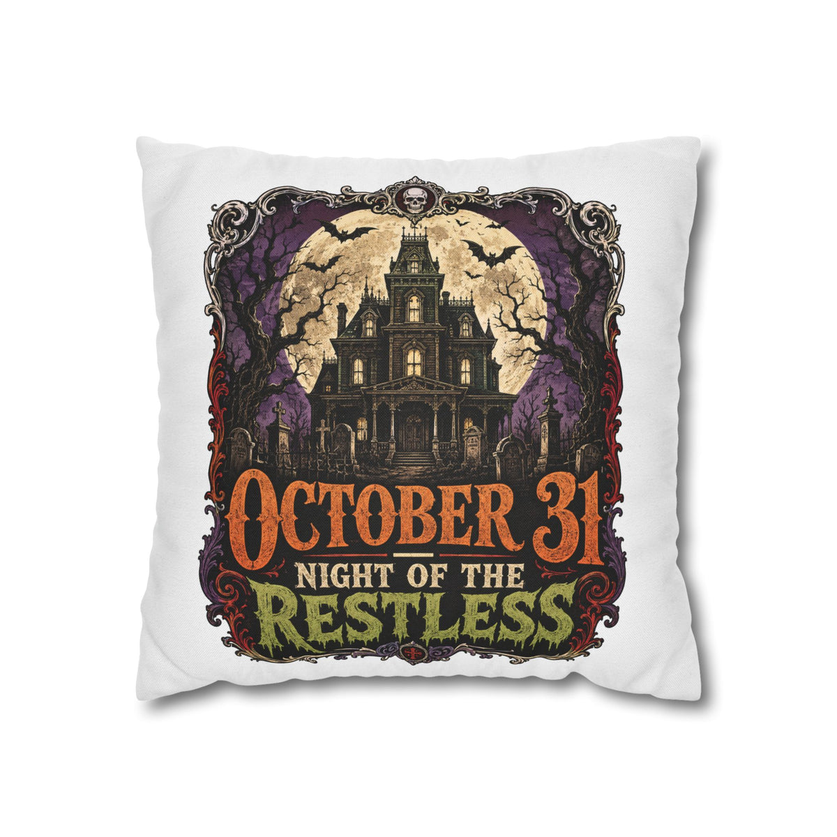 Halloween Pillowcase — "October 31 Night of the Restless" Haunted House Throw Pillow
