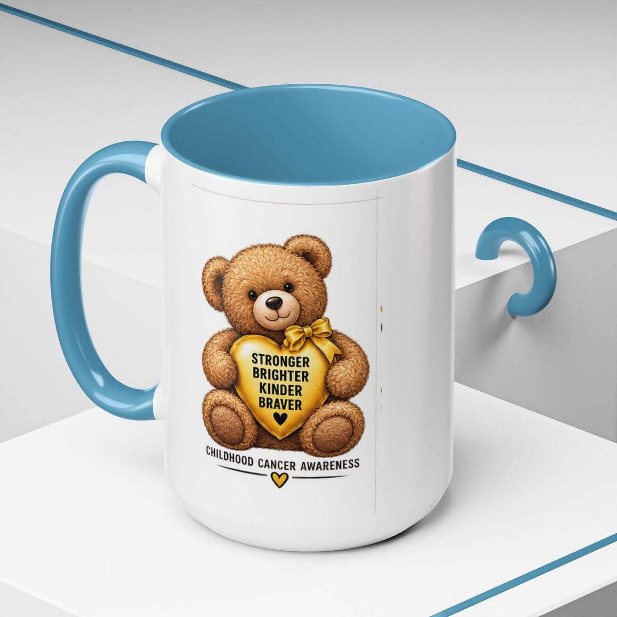 Childhood Cancer Awareness Coffee Mug — 'Stronger Brighter Kinder Braver' Teddy
