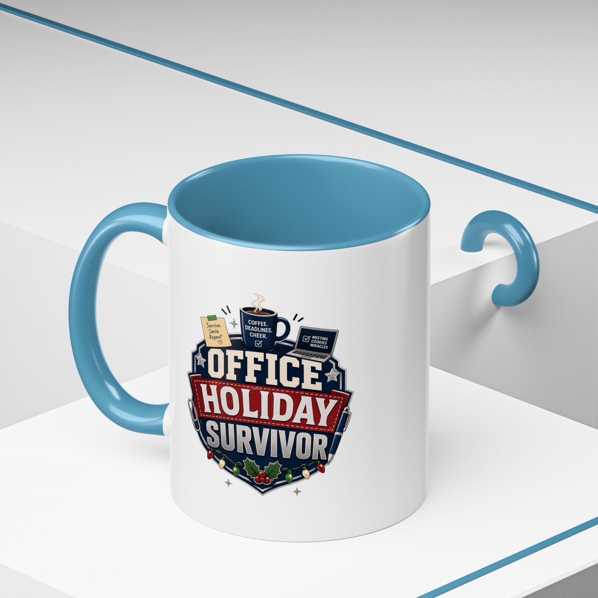 Modern Day Christmas Office Holiday Survivor Accent Coffee Mug – Funny Christmas Office Gift