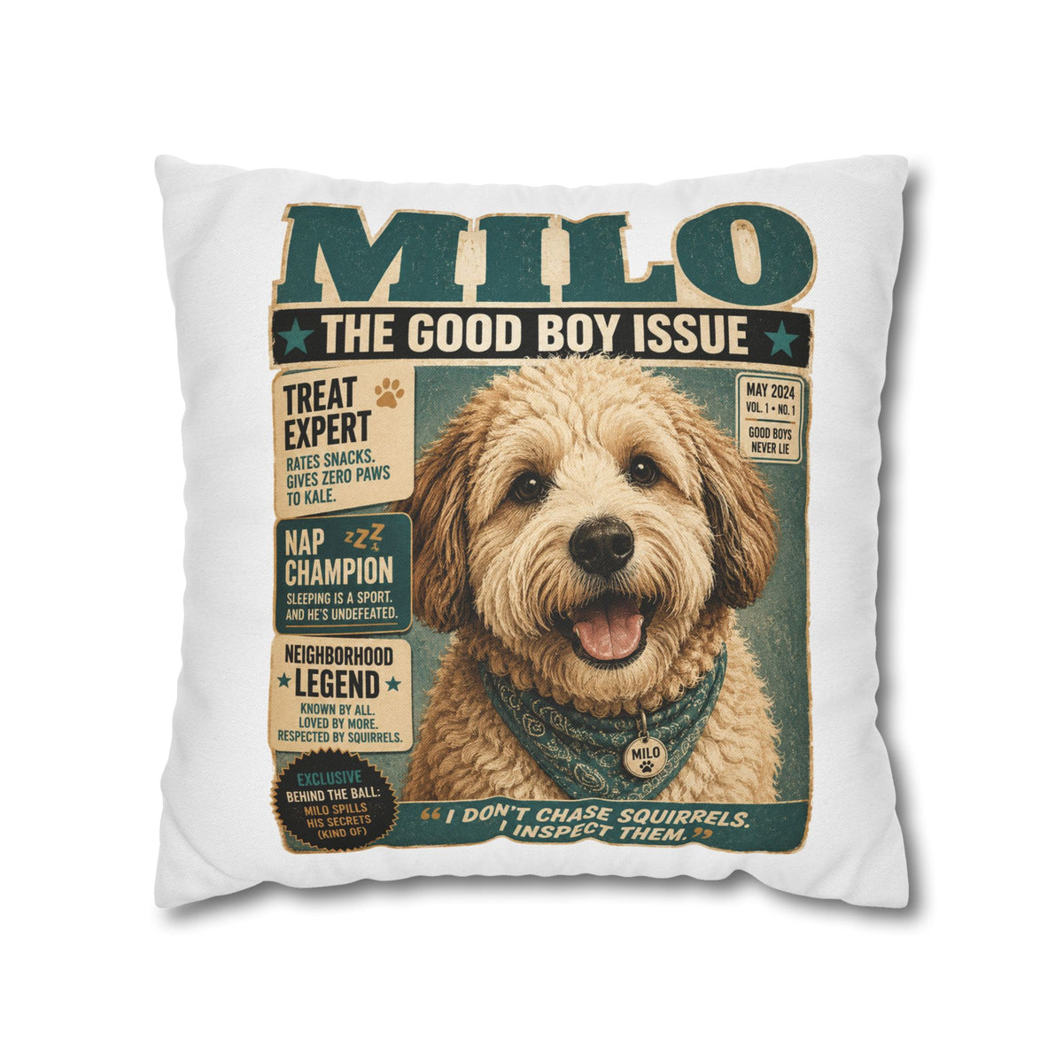 Dog Magazine Cover Pillowcase Milo Bailey Dog Dad Mom– "Milo: The Good Boy Issue" Decorative Throw Pillow