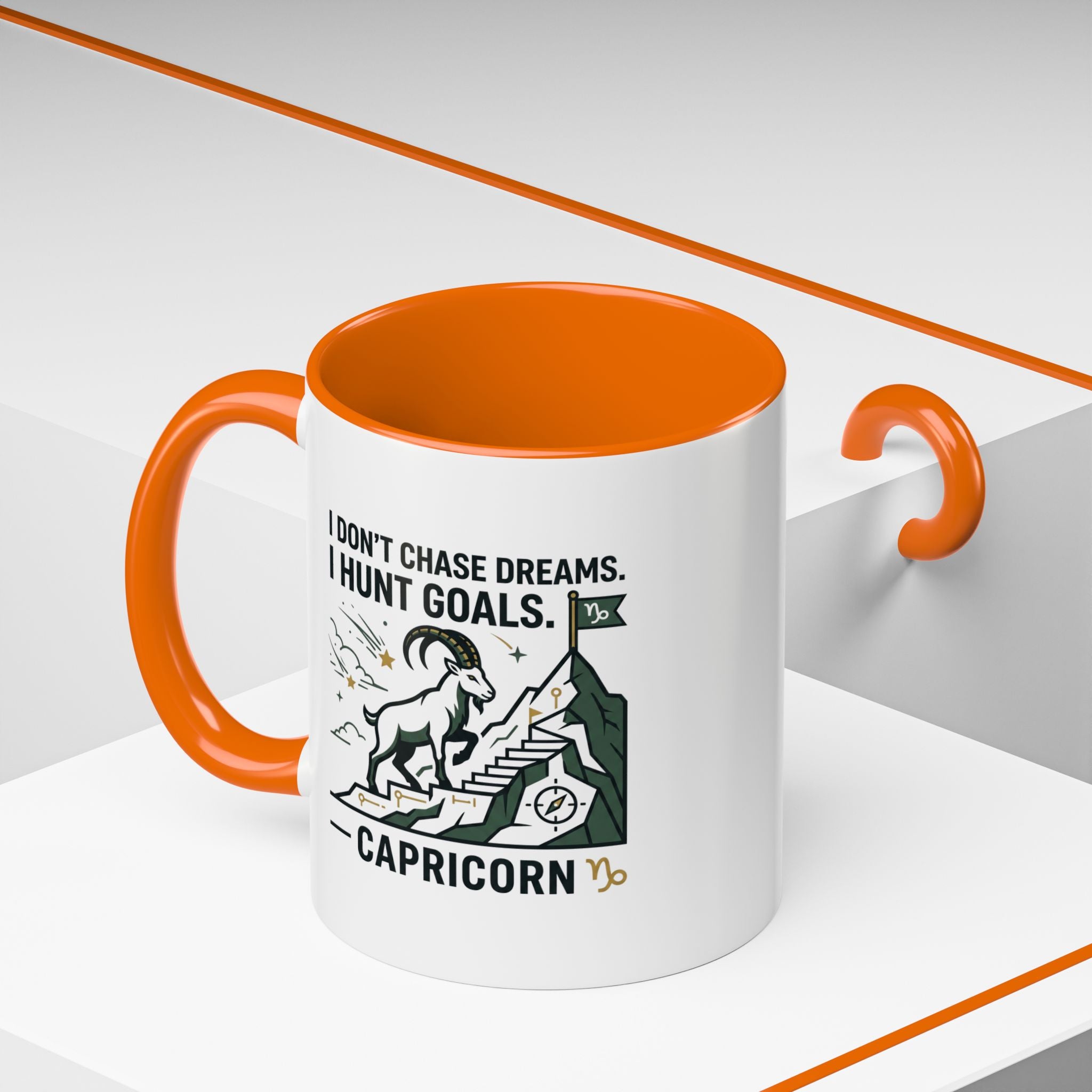 Capricorn Coffee Mug — “I Don't Chase Dreams, I Hunt Goals” Zodiac Accent Mug