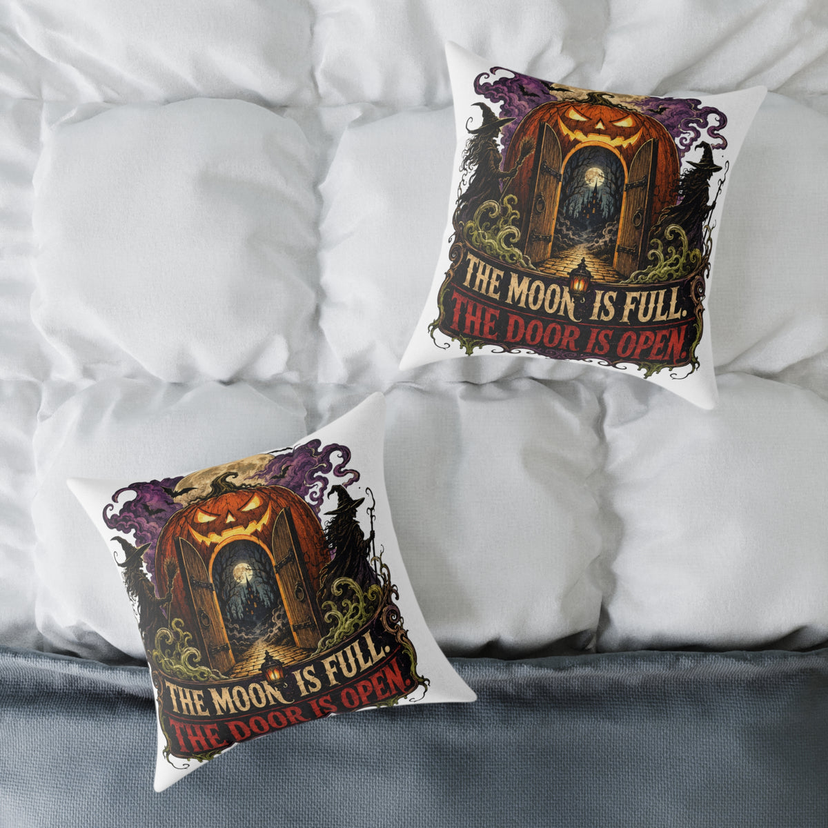 Halloween Pumpkin Door Pillow — "The Moon Is Full, The Door Is Open" Decorative Throw Pillow