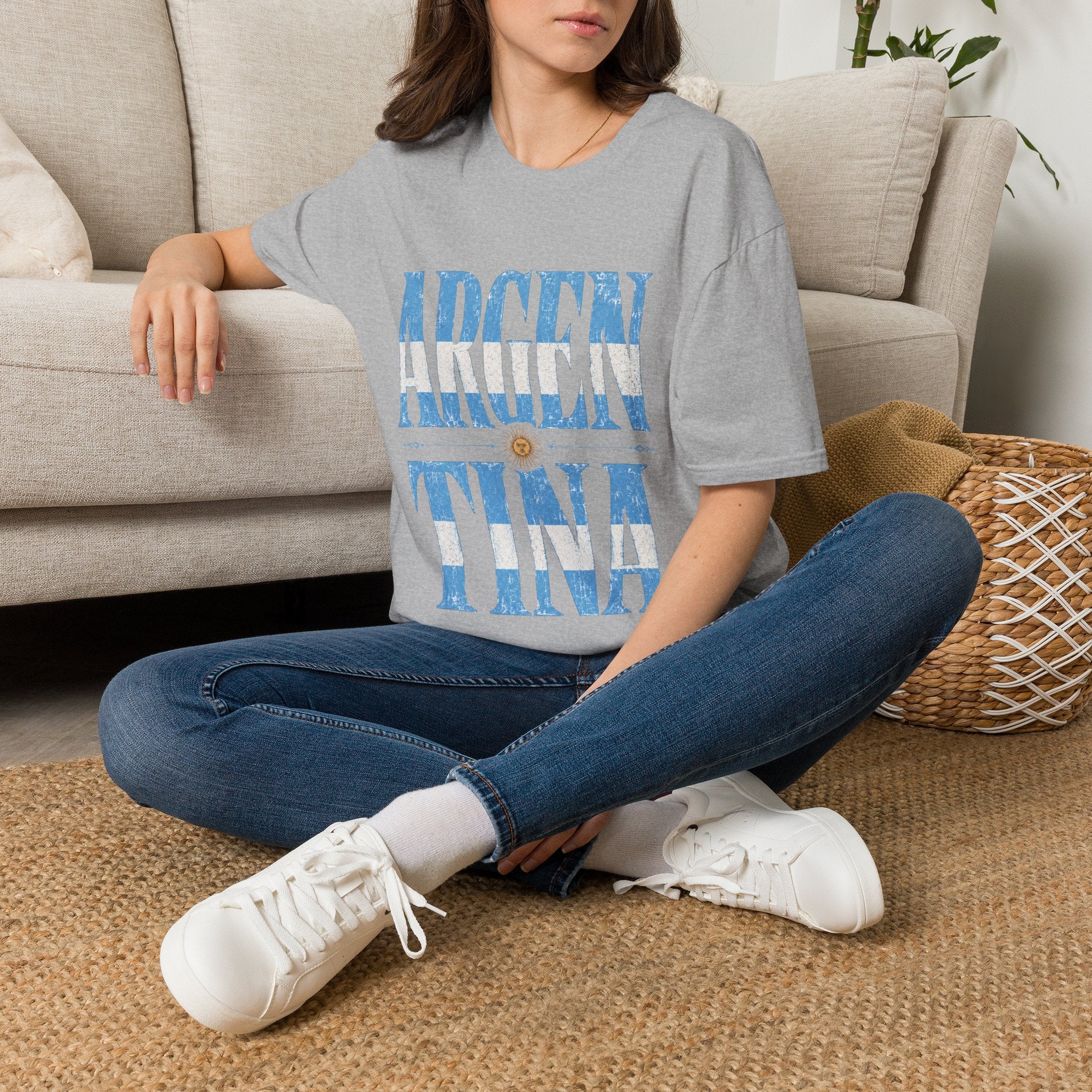 Argentina Flag Graphic T‑Shirt — Vintage Blue Distressed Typography