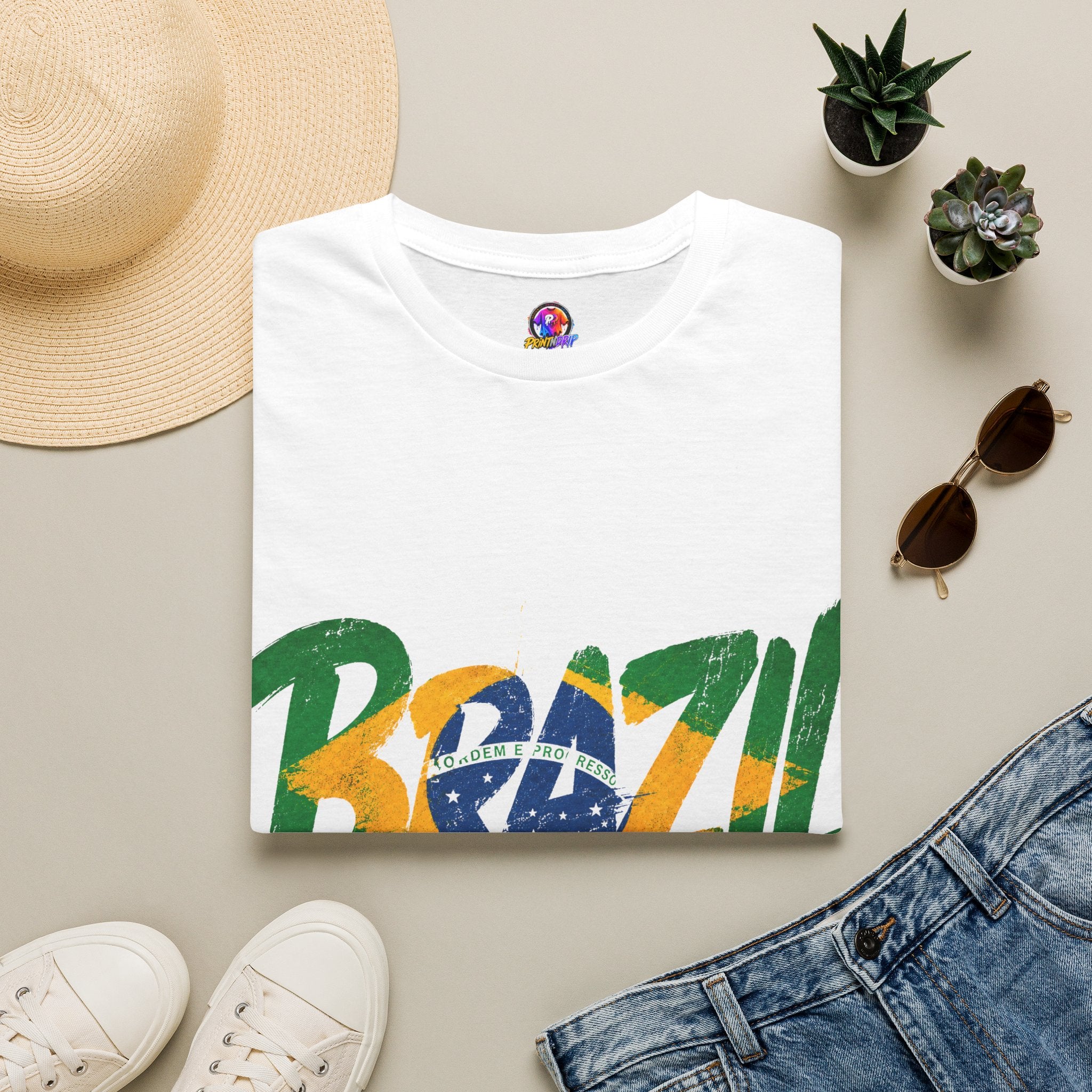 Brazil Flag Graphic T-Shirt — Bold Brazil Script with National Flag Motif
