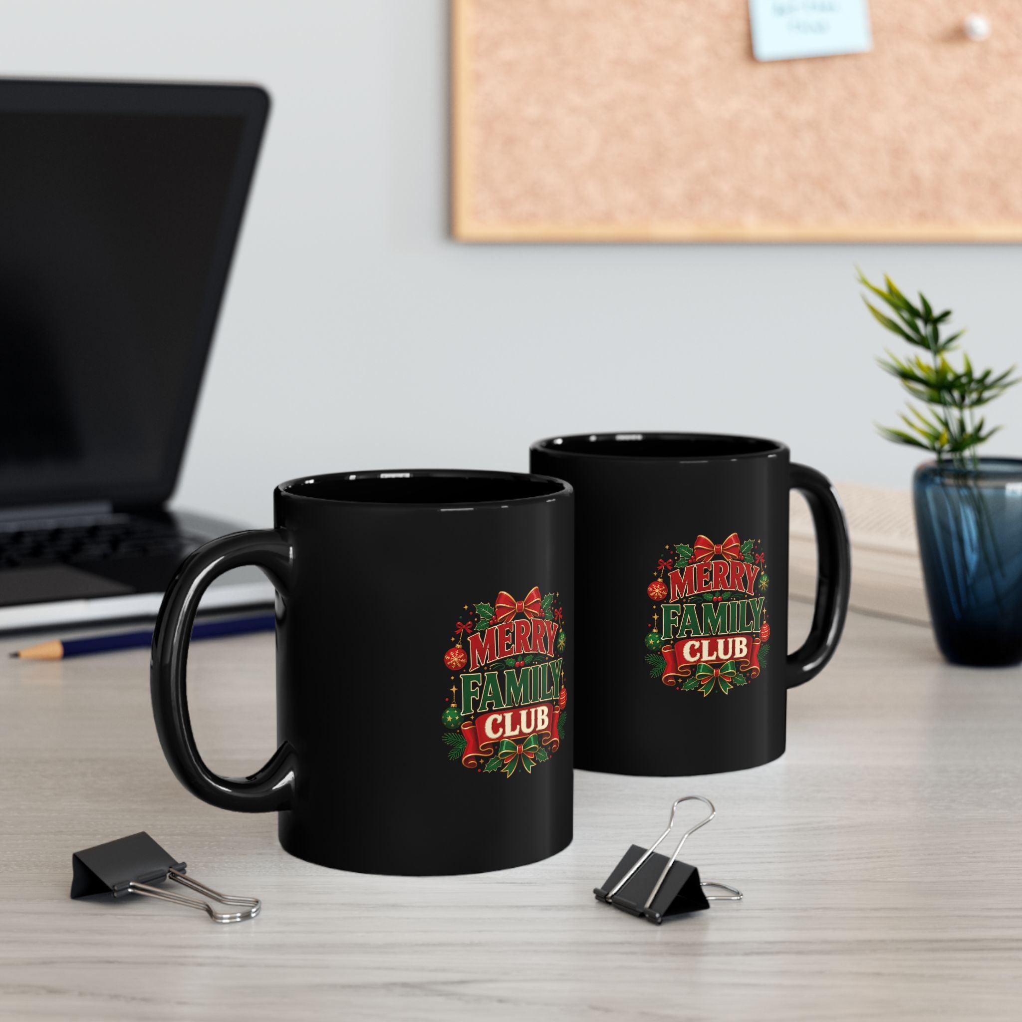 Merry Family Club Christmas Mug — Black Holiday Coffee Cup