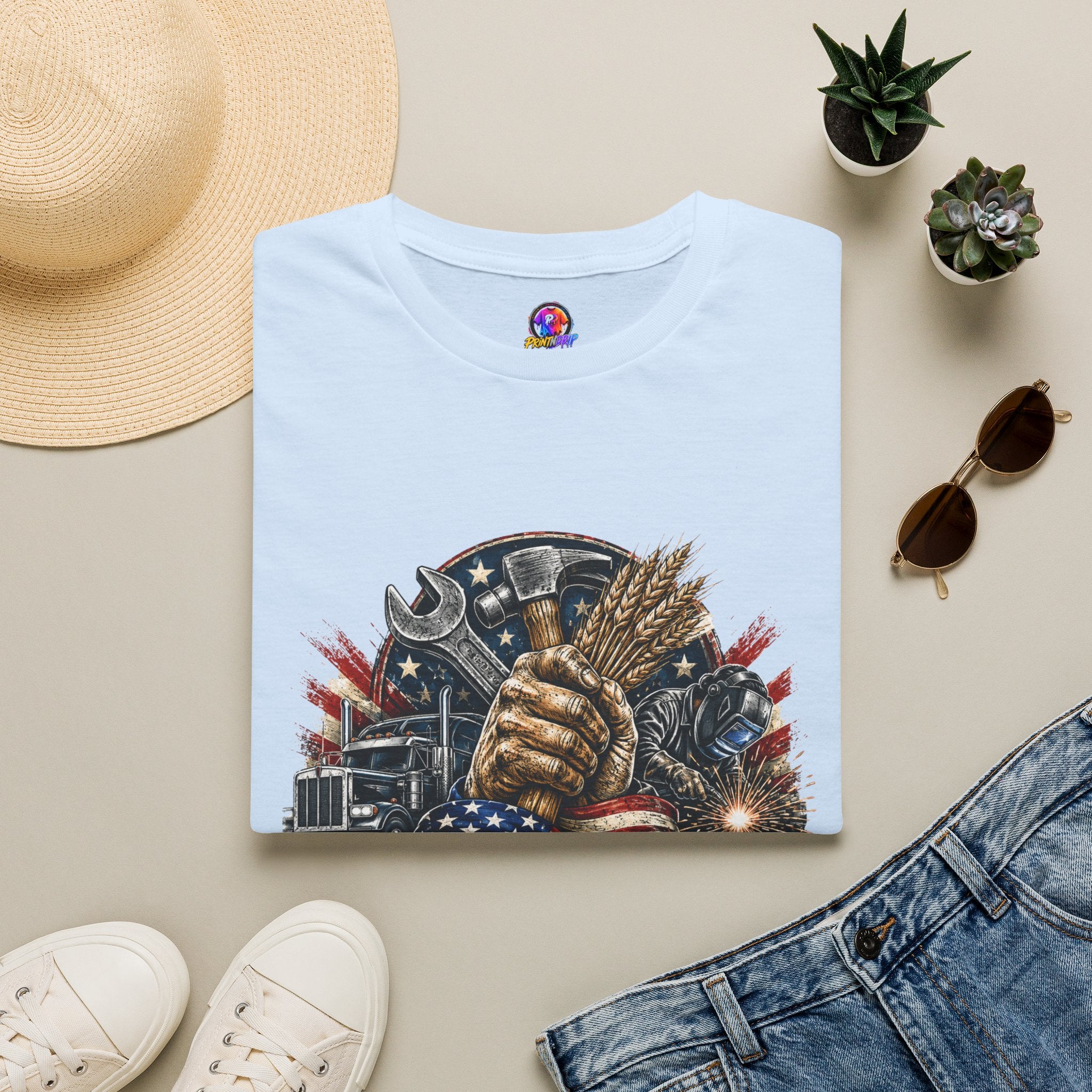 Freedom Runs on Working Hands T-Shirt — Patriotic Mechanic Tool & Wheat Design
