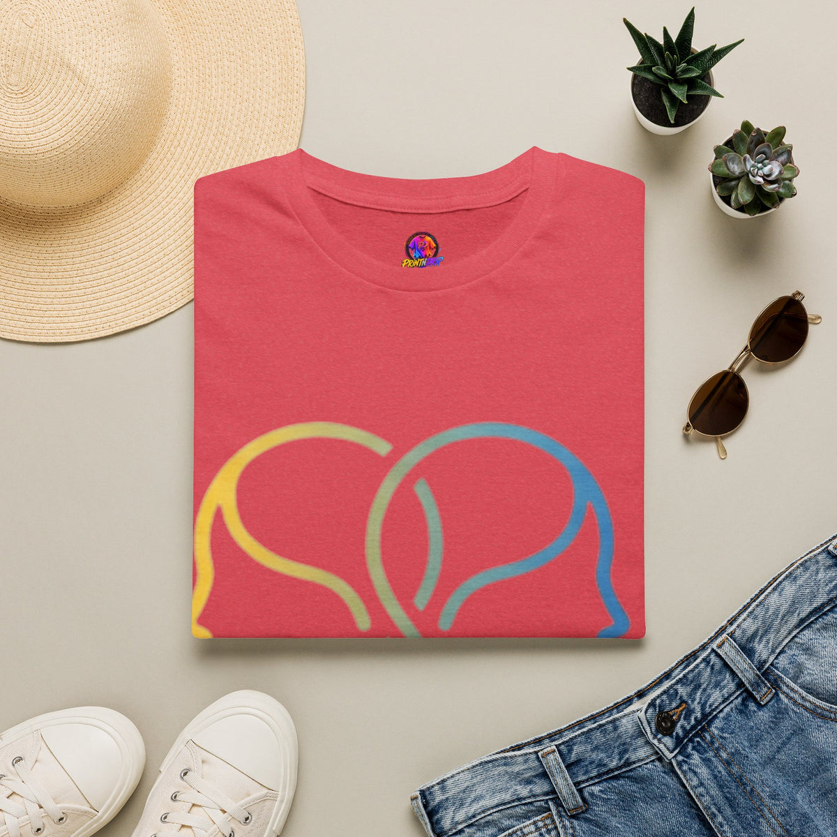 Twin Profile Line Art T‑Shirt — Gradient Sisterhood Outline Tee