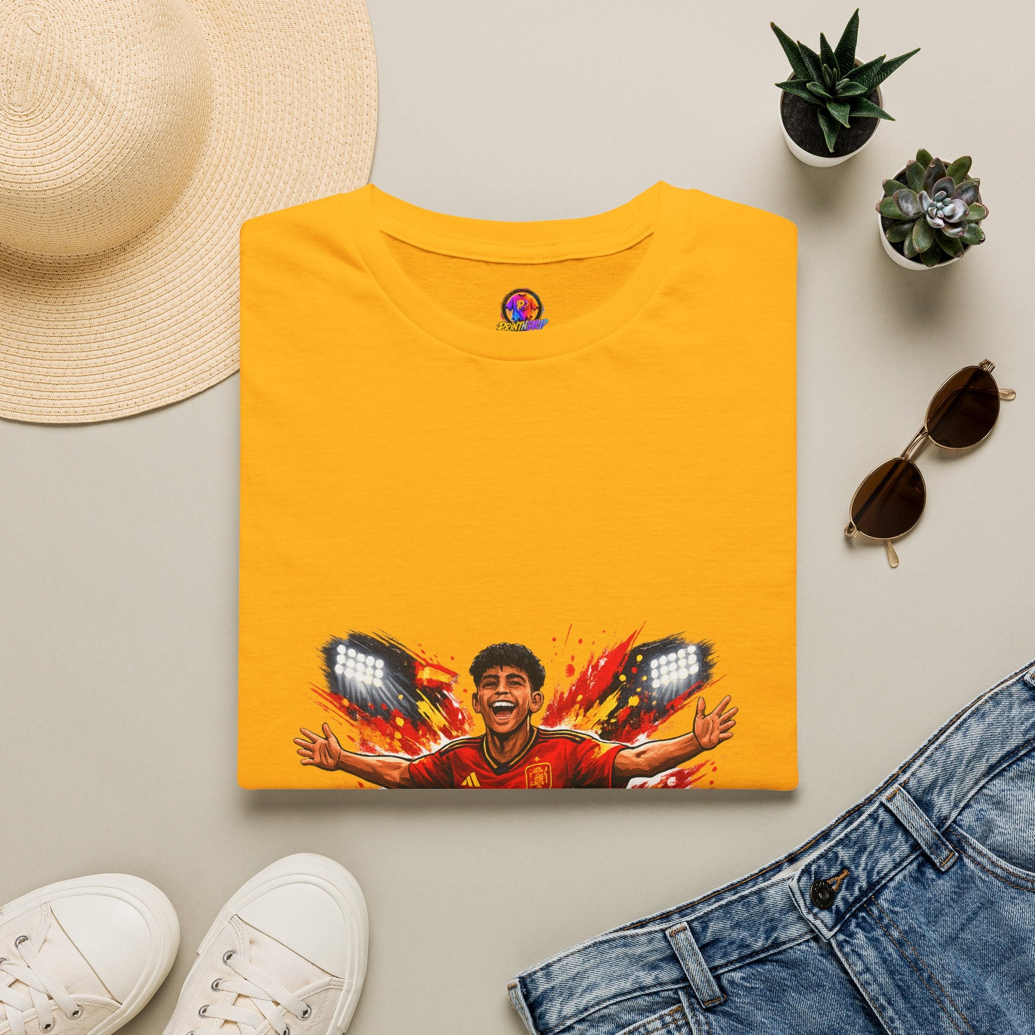 Spain Soccer Fan Portrait T‑Shirt – Fiery Goal Celebration Design