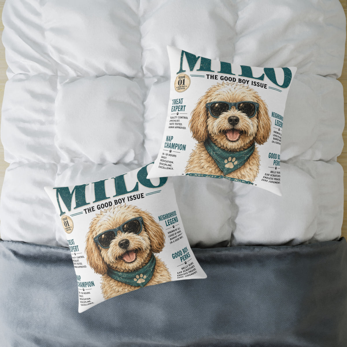 Milo 'The Good Boy Issue' Square Throw Pillow - Milo Bailey Dog Dad Mom Cute Dog Magazine Cover Decor