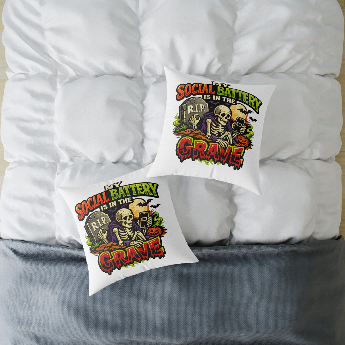 Halloween Skeleton Pillow - "My Social Battery Is In The Grave" Decorative Throw Pillow