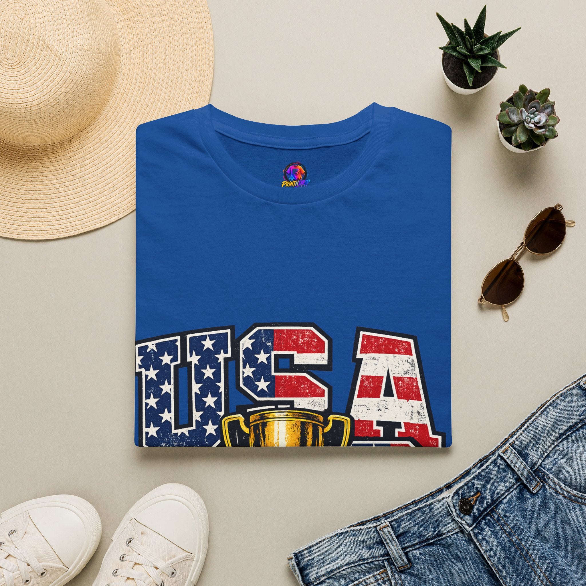 USA Trophy T-Shirt — Patriotic American Flag Graphic Tee