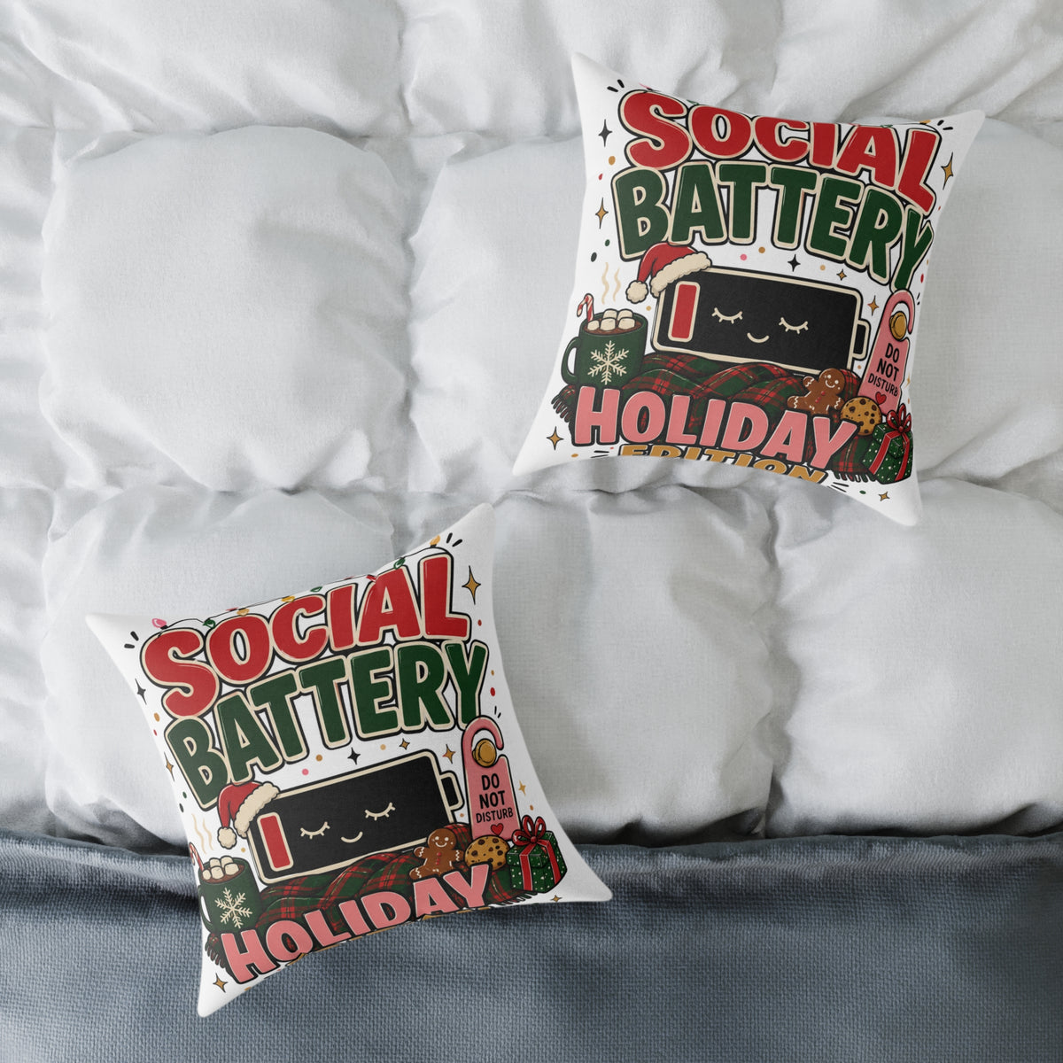 Social Battery Holiday Modern Day Christmas Pillow — Cute Low Energy Christmas Throw Pillow