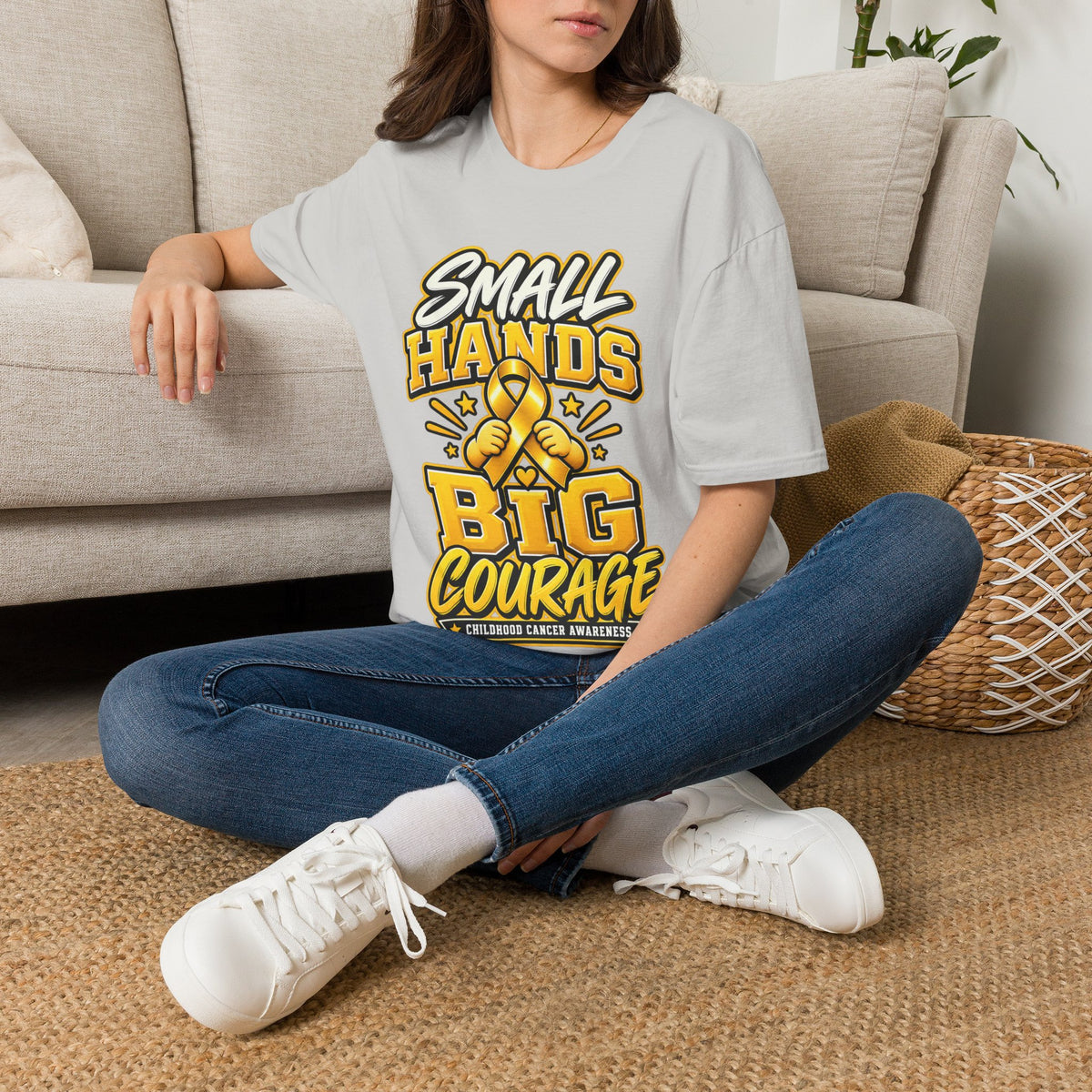 Children's Cancer Awareness T-Shirt — "Small Hands Big Courage" Yellow Ribbon