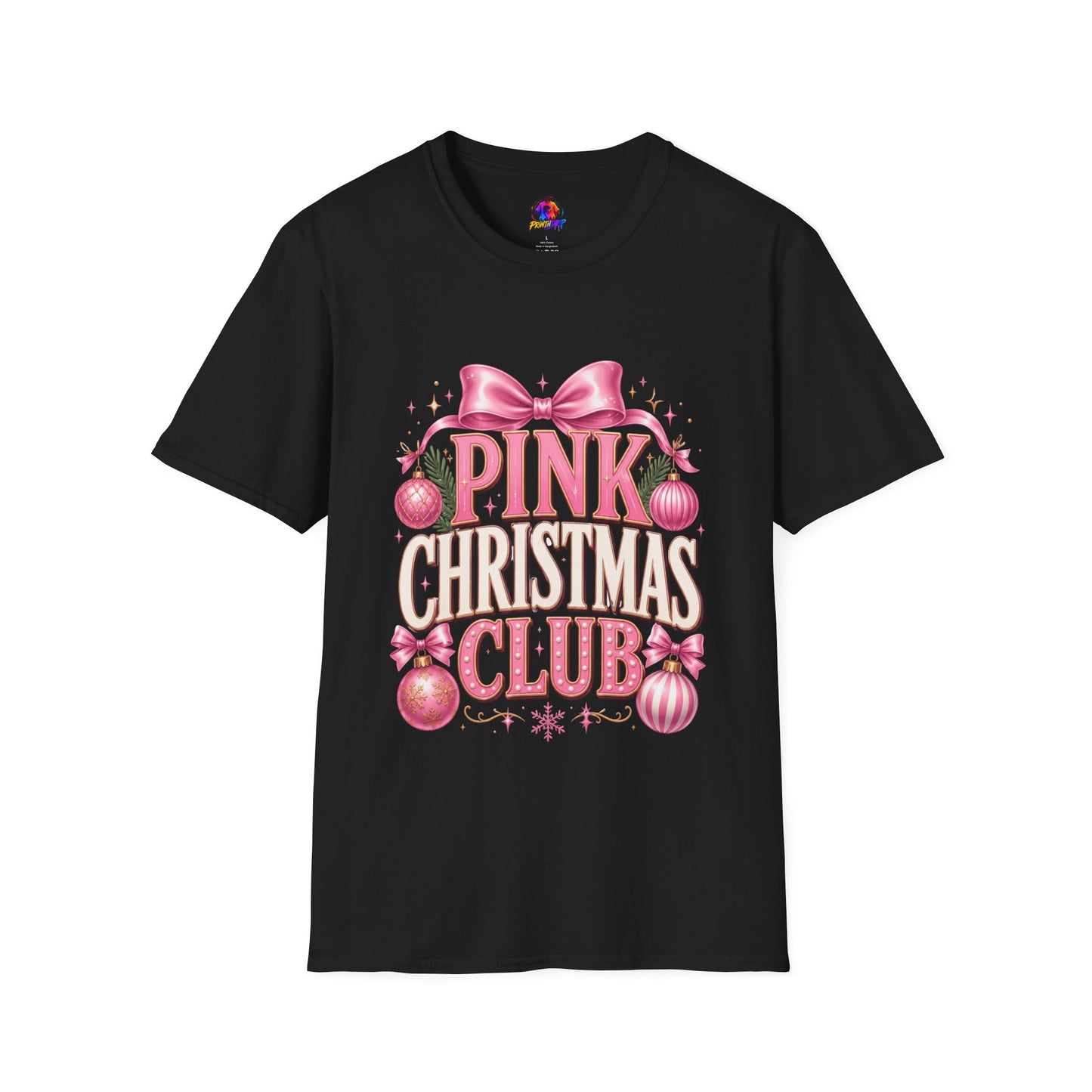 Pink Christmas Club T-Shirt — Womens Festive Holiday Tee with Bow & Ornaments