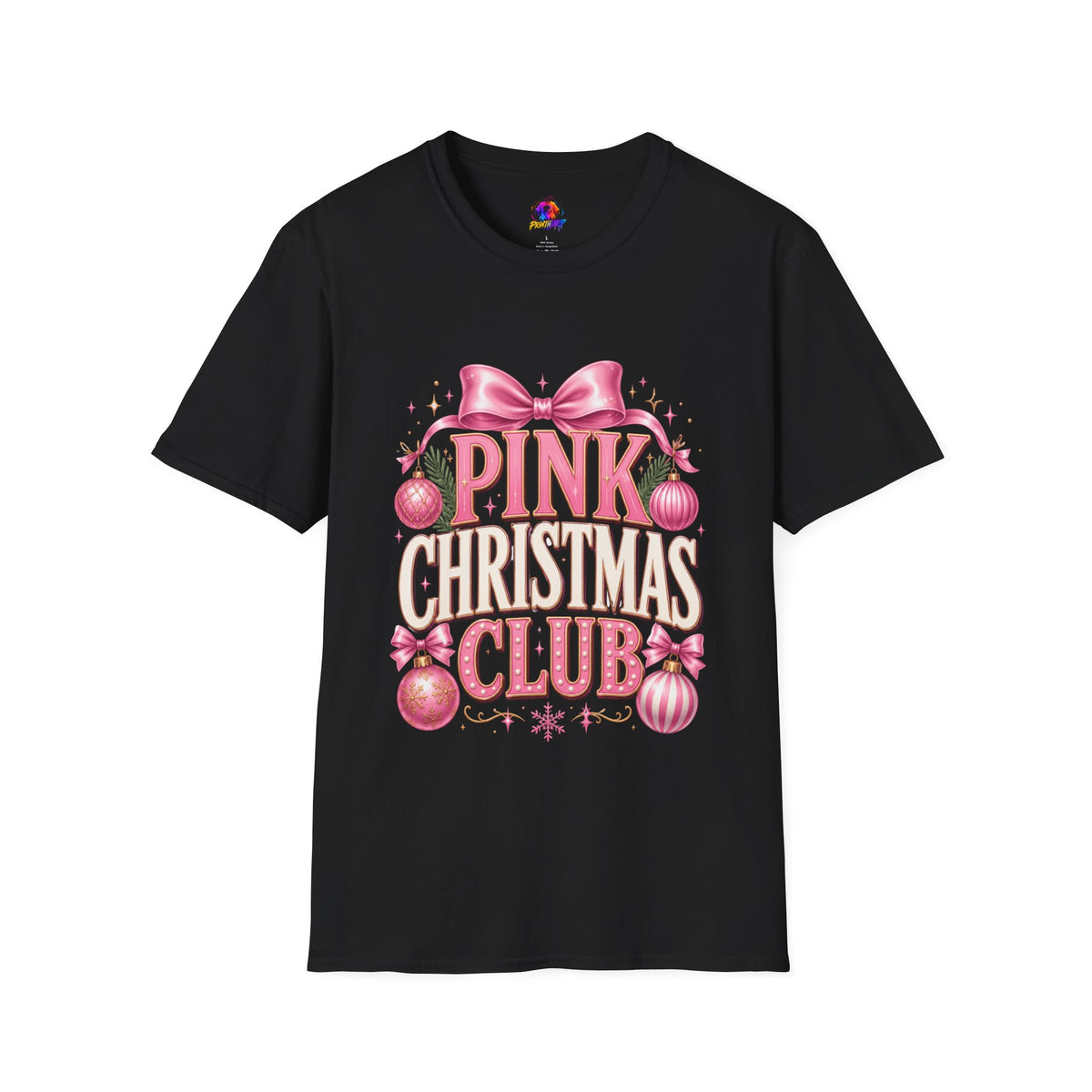 Pink Christmas Club T-Shirt — Womens Festive Holiday Tee with Bow & Ornaments