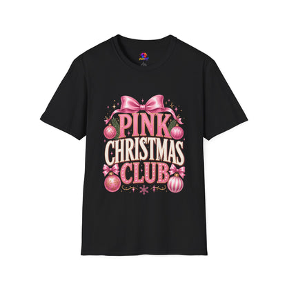 Pink Christmas Club T-Shirt — Womens Festive Holiday Tee with Bow & Ornaments