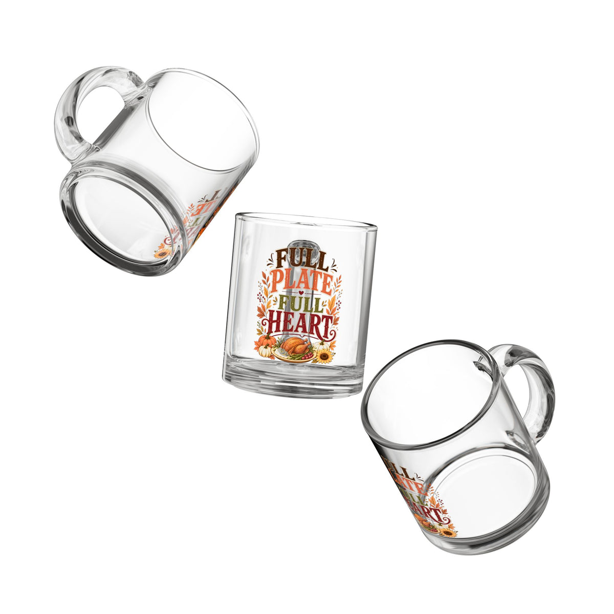 Glass Mug — "Full Plate, Full Heart" Thanksgiving Coffee Mug, 10oz