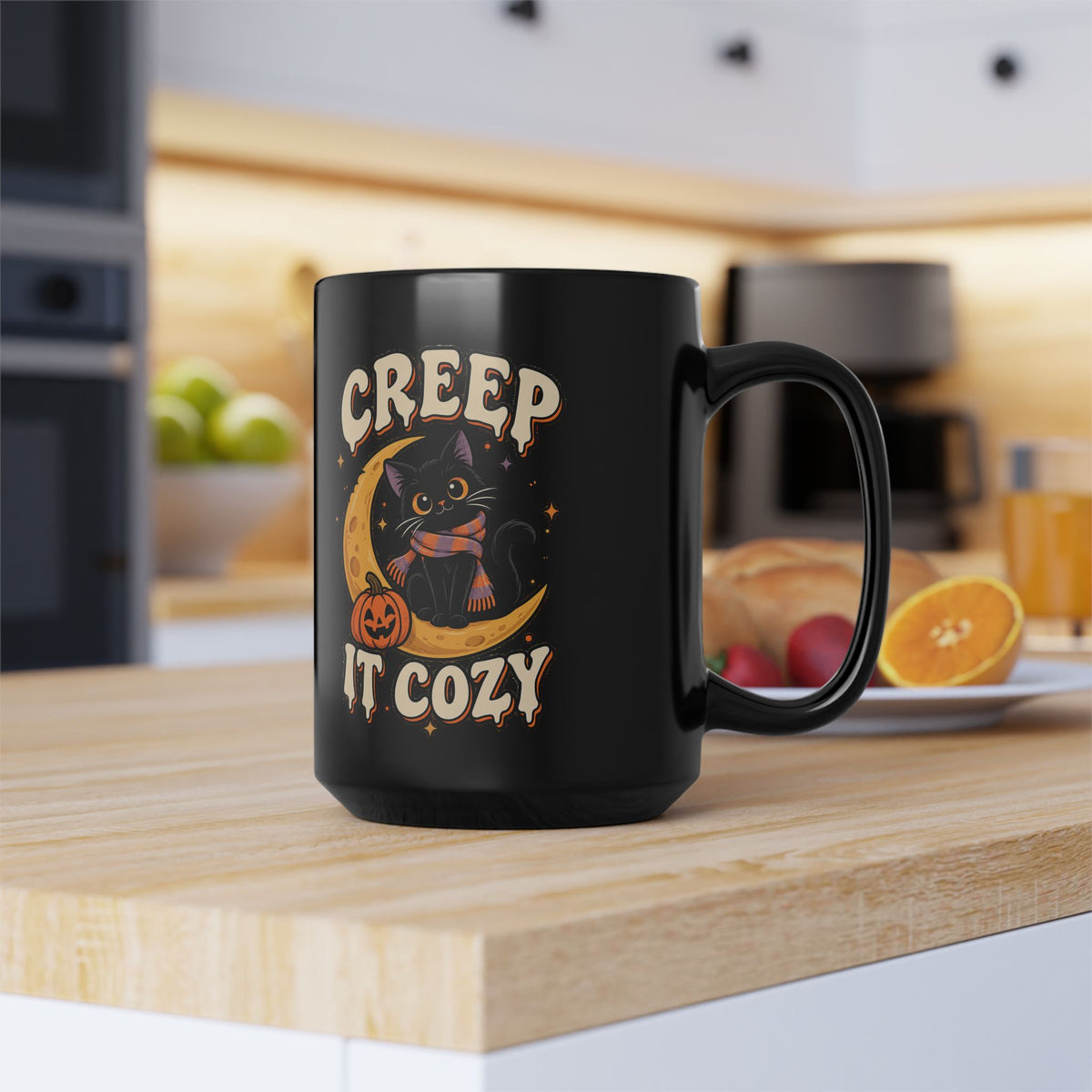 Creep It Cozy Black Mug — Halloween Cat Moon Coffee Cup (11oz & 15oz)