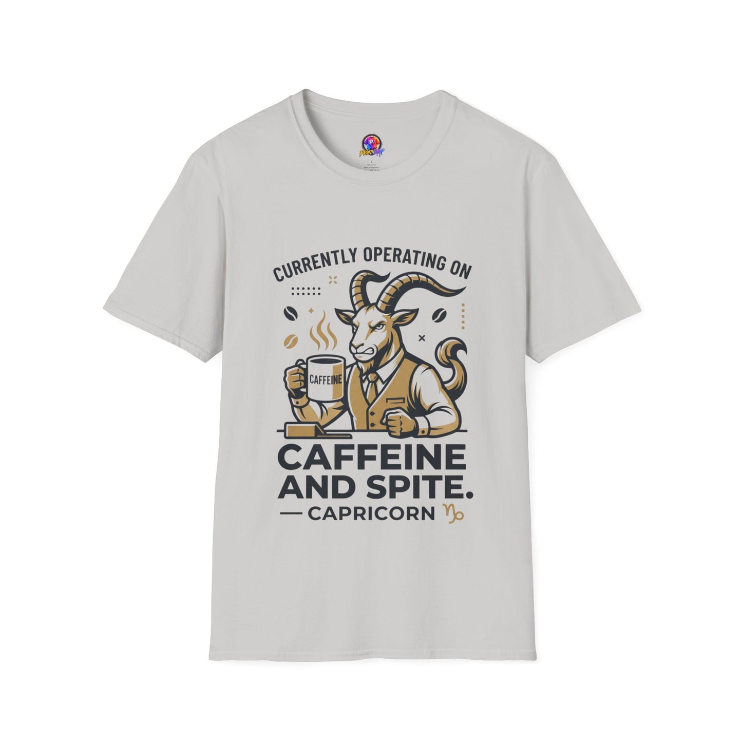 Capricorn T-Shirt — "Currently Operating on Caffeine and Spite" Zodiac Goat Tee