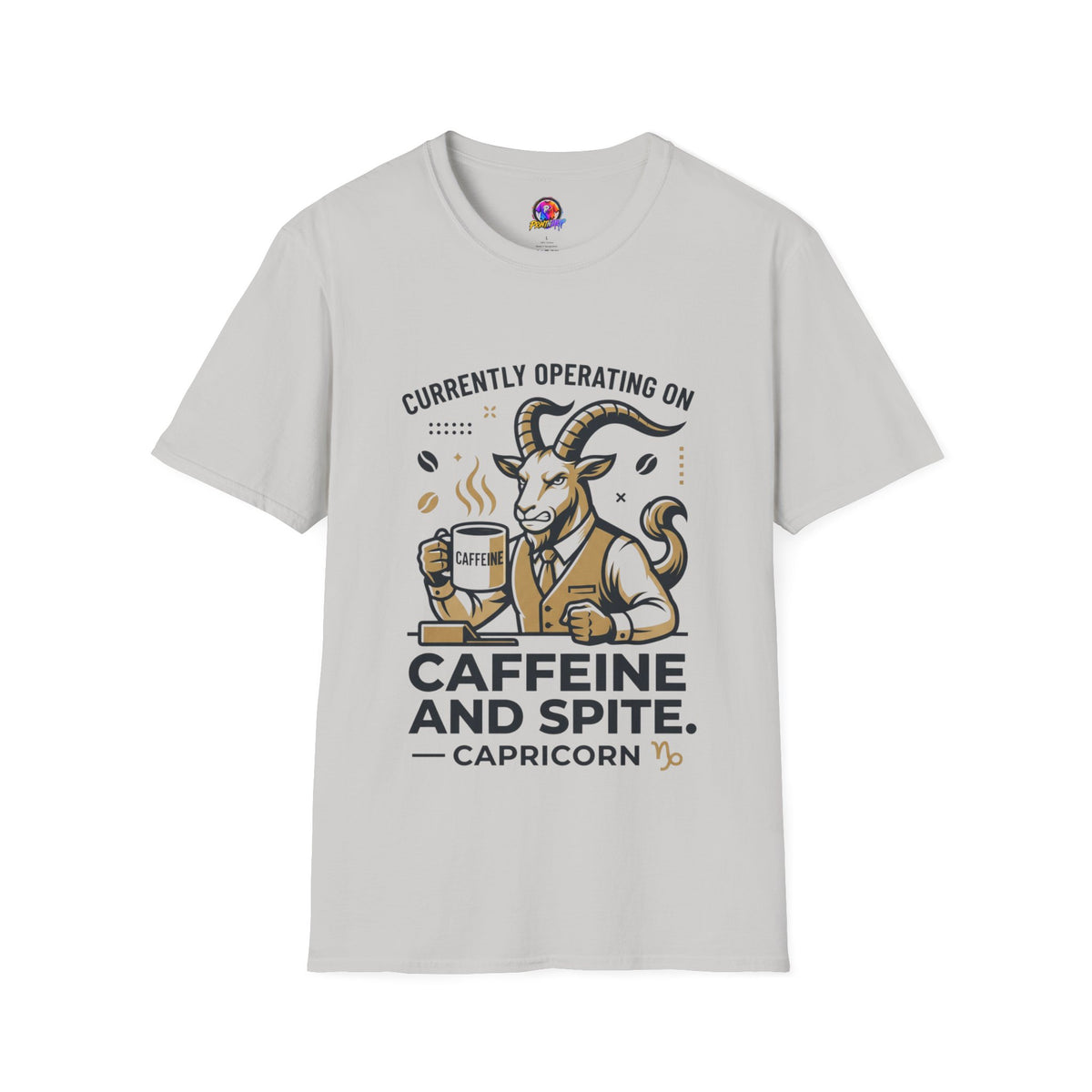Capricorn T-Shirt — "Currently Operating on Caffeine and Spite" Zodiac Goat Tee
