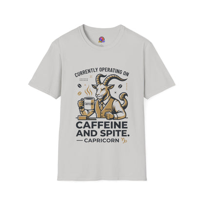 Capricorn T-Shirt — "Currently Operating on Caffeine and Spite" Zodiac Goat Tee