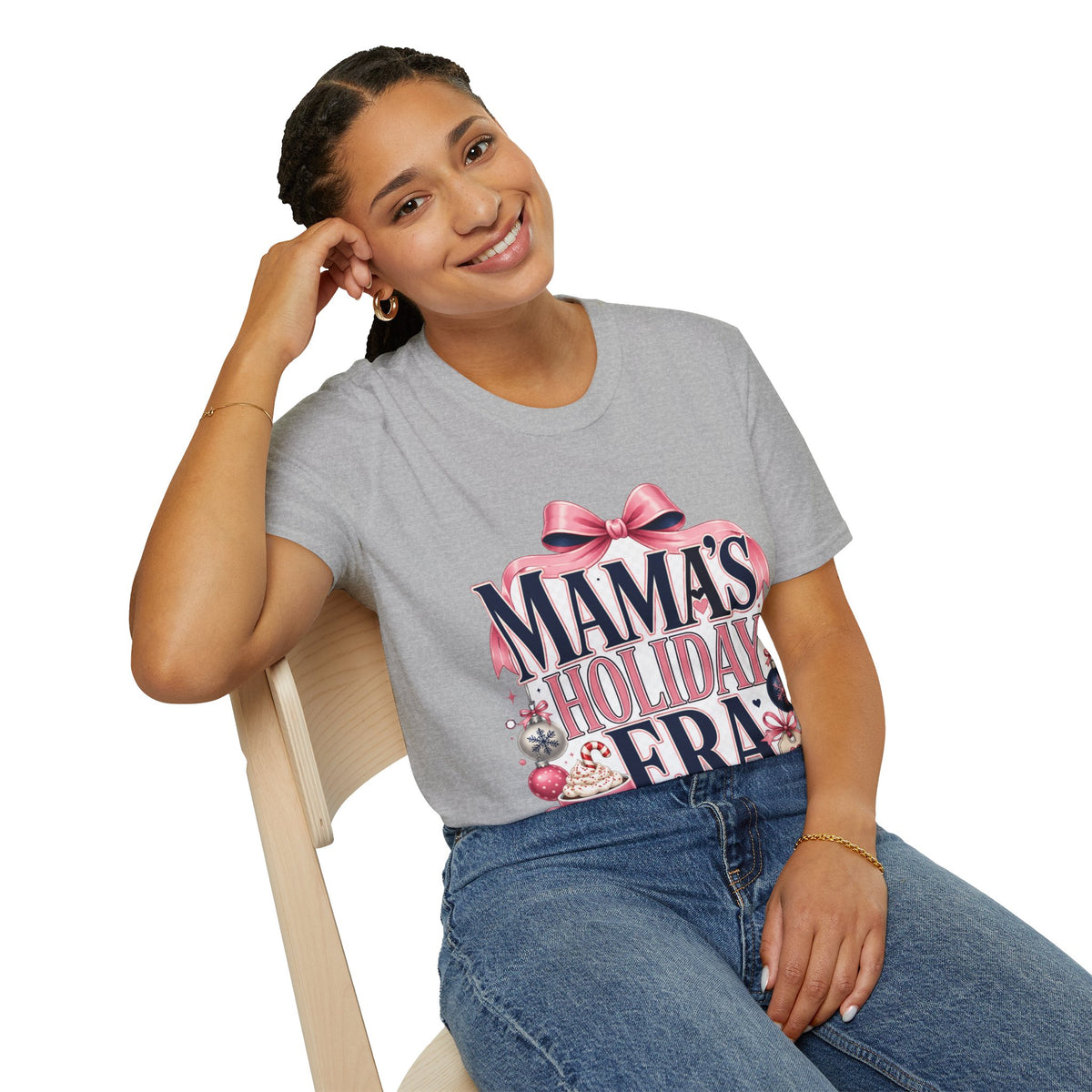 Mama's Holiday Era T-Shirt — Festive Pink Bow Christmas Tee for Moms
