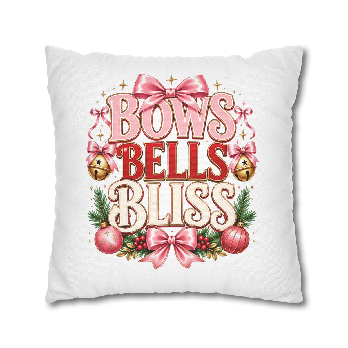 Christmas Bows Bells Bliss Decorative Pillowcase — Pink Christmas Holiday Throw Pillow Cover