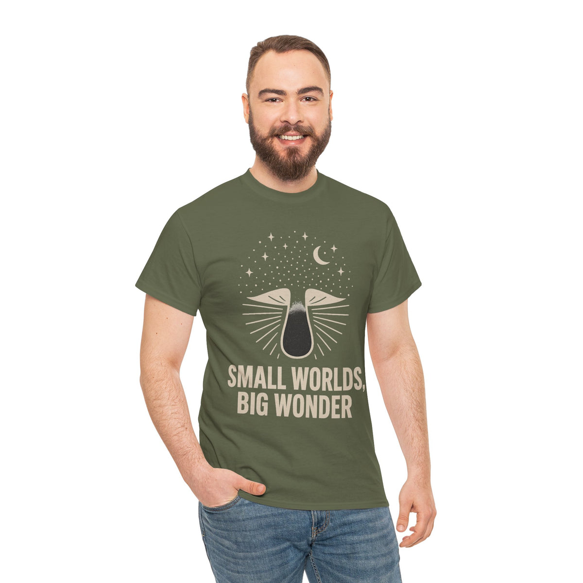 Small Worlds Big Wonder Celestial Mushroom Tee - Aesthetic Nature T-Shirt - Trending Now - September 2026