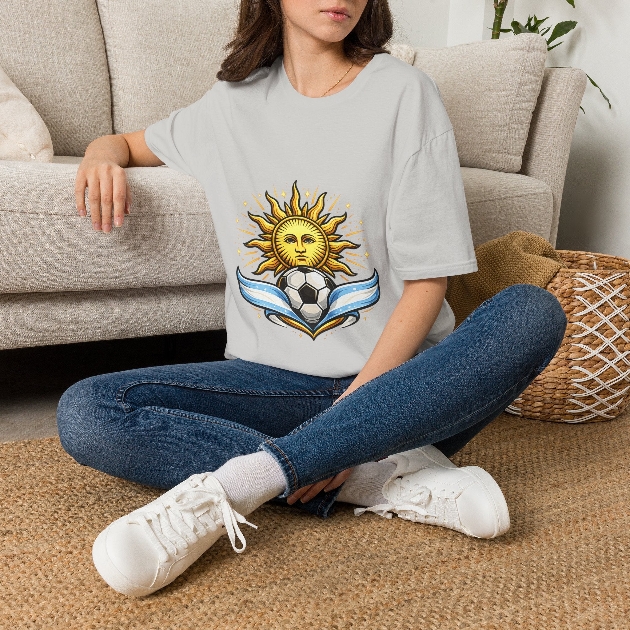 Argentina Sun Face Soccer T-Shirt — Retro Celestial Football Tee