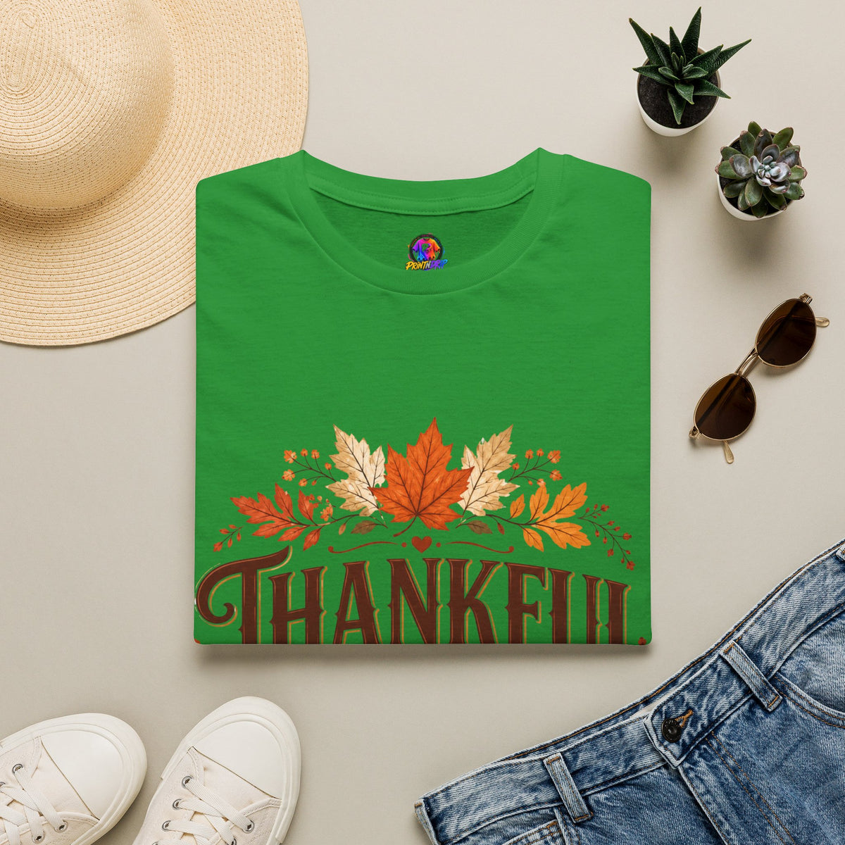 Thanksgiving T-Shirt Thankful Always T-Shirt — Autumn Leaves & Pumpkins Thanksgiving Tee