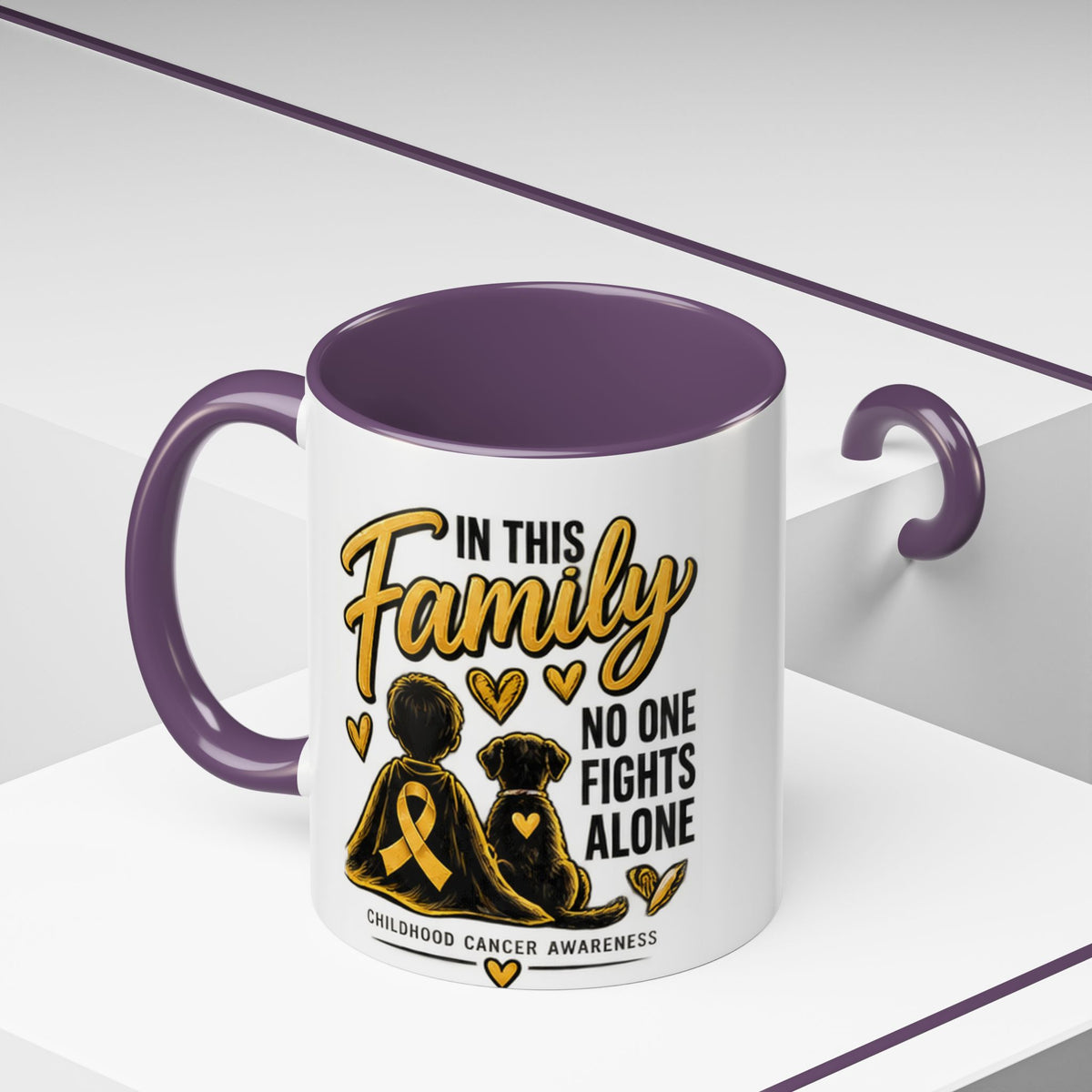Childhood Cancer Awareness Accent Coffee Mug – "In This Family No One Fights Alone" (11/15oz)