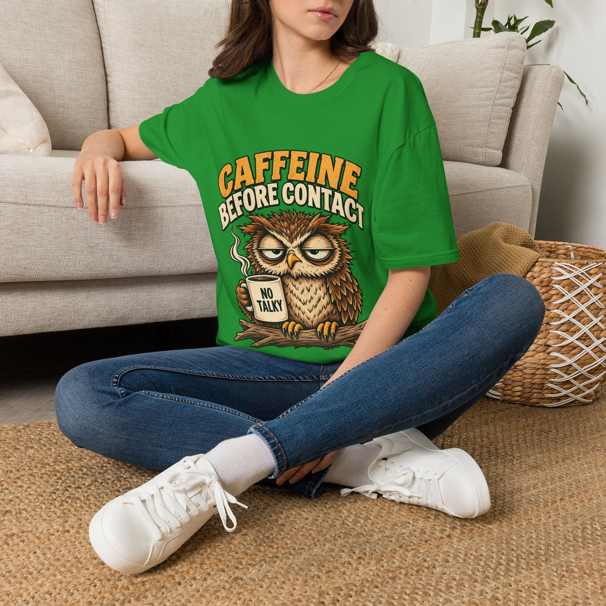 Caffeine Before Contact T-Shirt — Funny Owl Coffee Tee (No Talky)